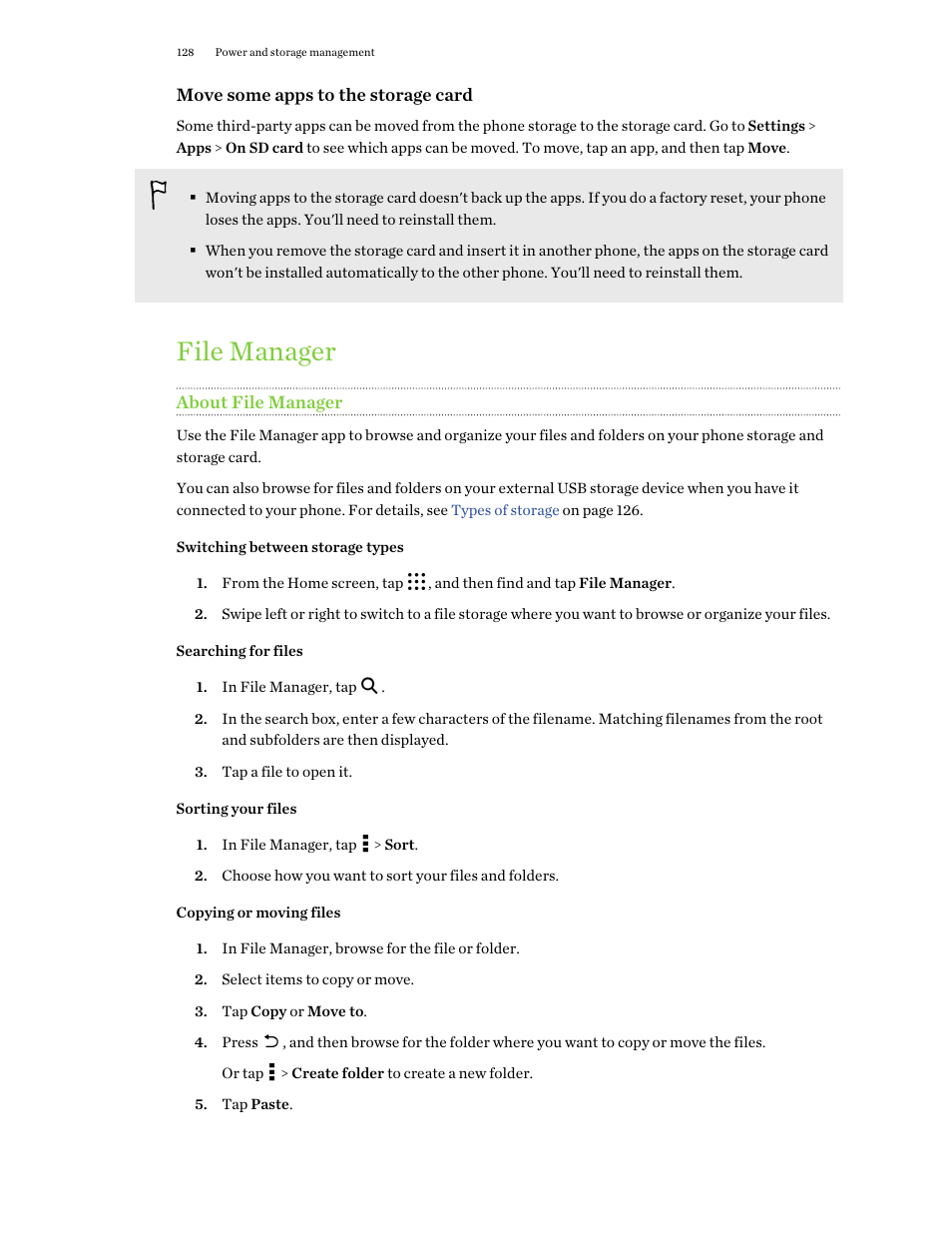 File manager, About file manager, Switching between storage types | Searching for files, Sorting your files, Copying or moving files | HTC One M9 User Manual | Page 128 / 197
