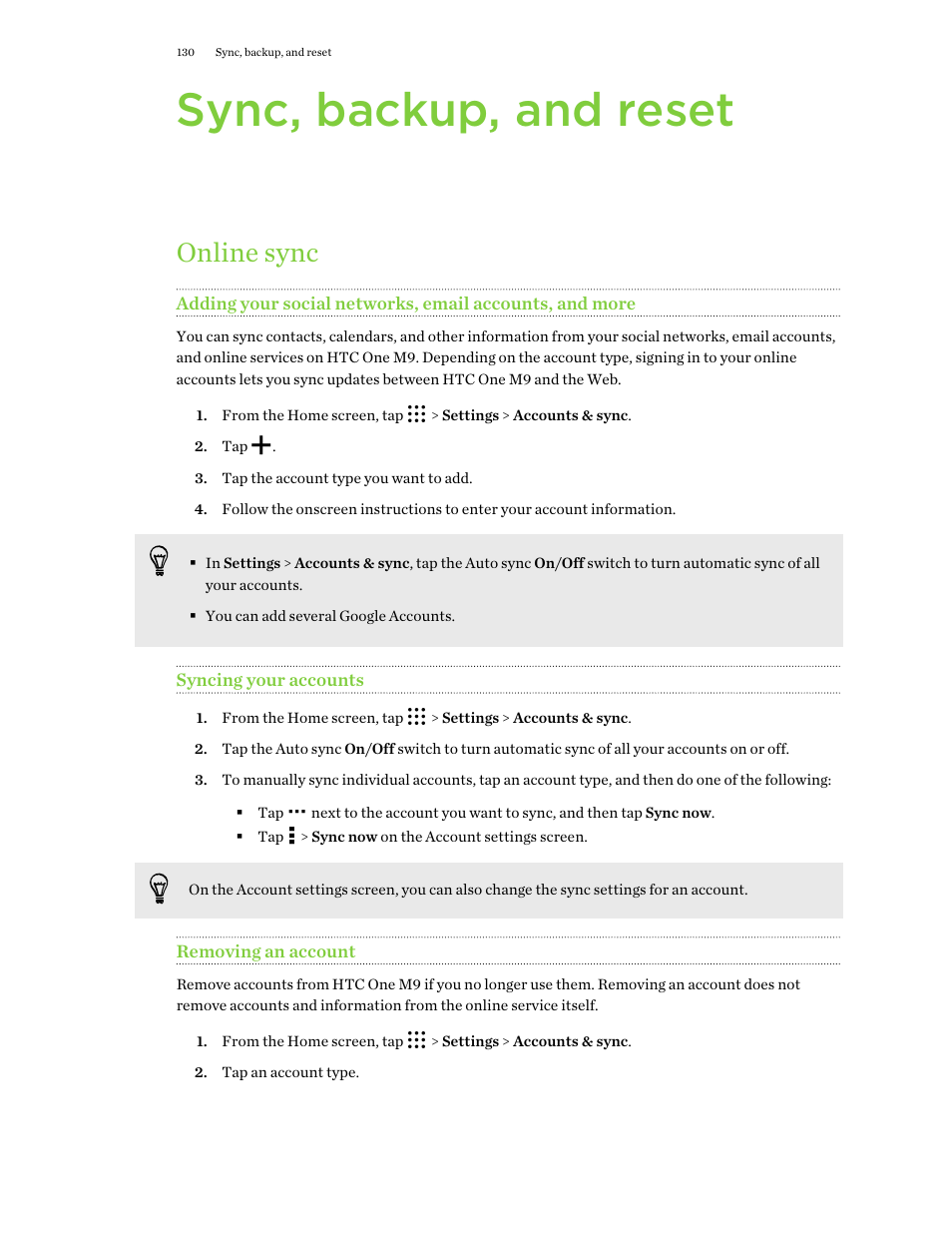 Sync, backup, and reset, Online sync, Syncing your accounts | Removing an account | HTC One M9 User Manual | Page 130 / 197