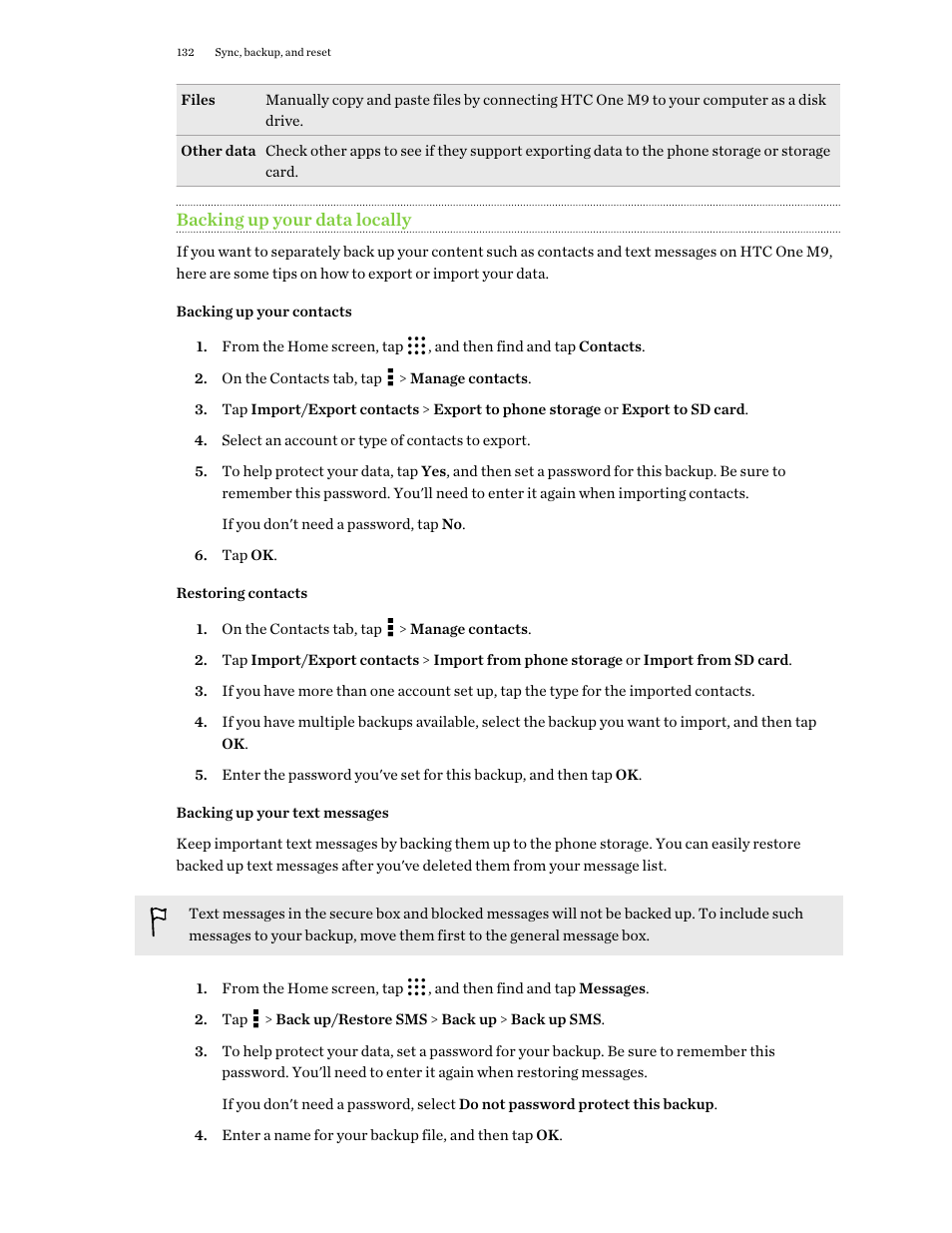 Backing up your data locally, Backing up your contacts, Restoring contacts | Backing up your text messages | HTC One M9 User Manual | Page 132 / 197