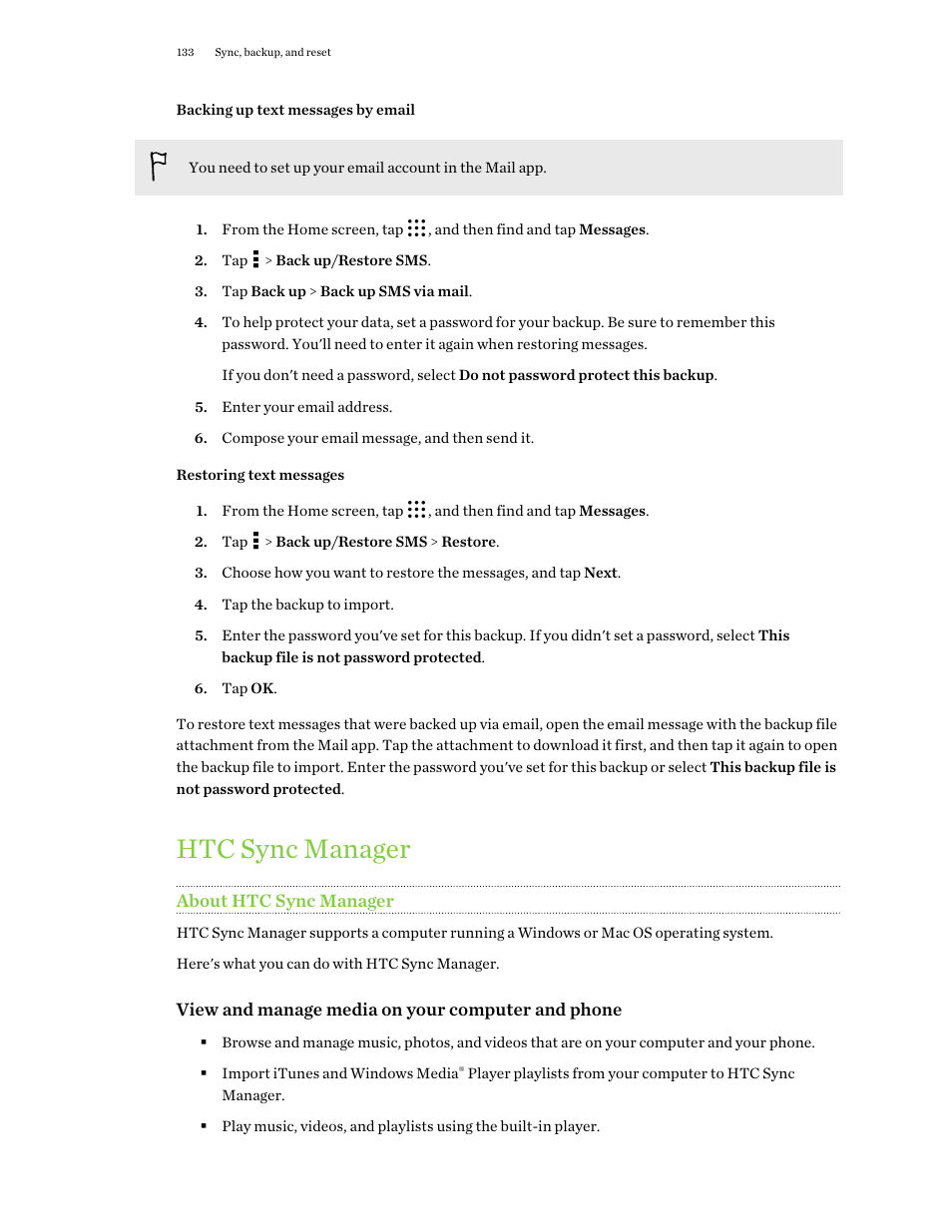 Backing up text messages by email, Restoring text messages, Htc sync manager | About htc sync manager | HTC One M9 User Manual | Page 133 / 197