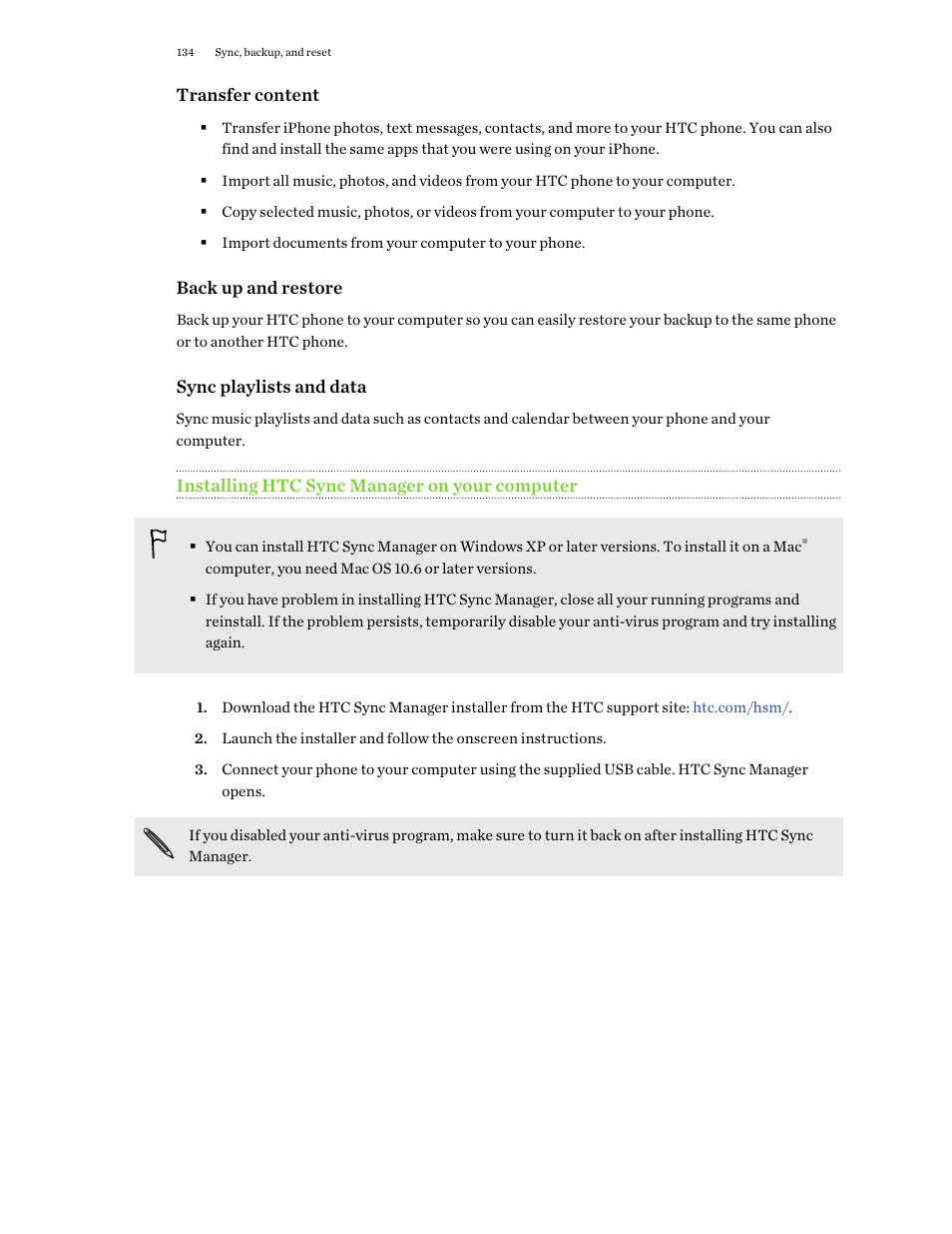 Installing htc sync manager on your computer | HTC One M9 User Manual | Page 134 / 197