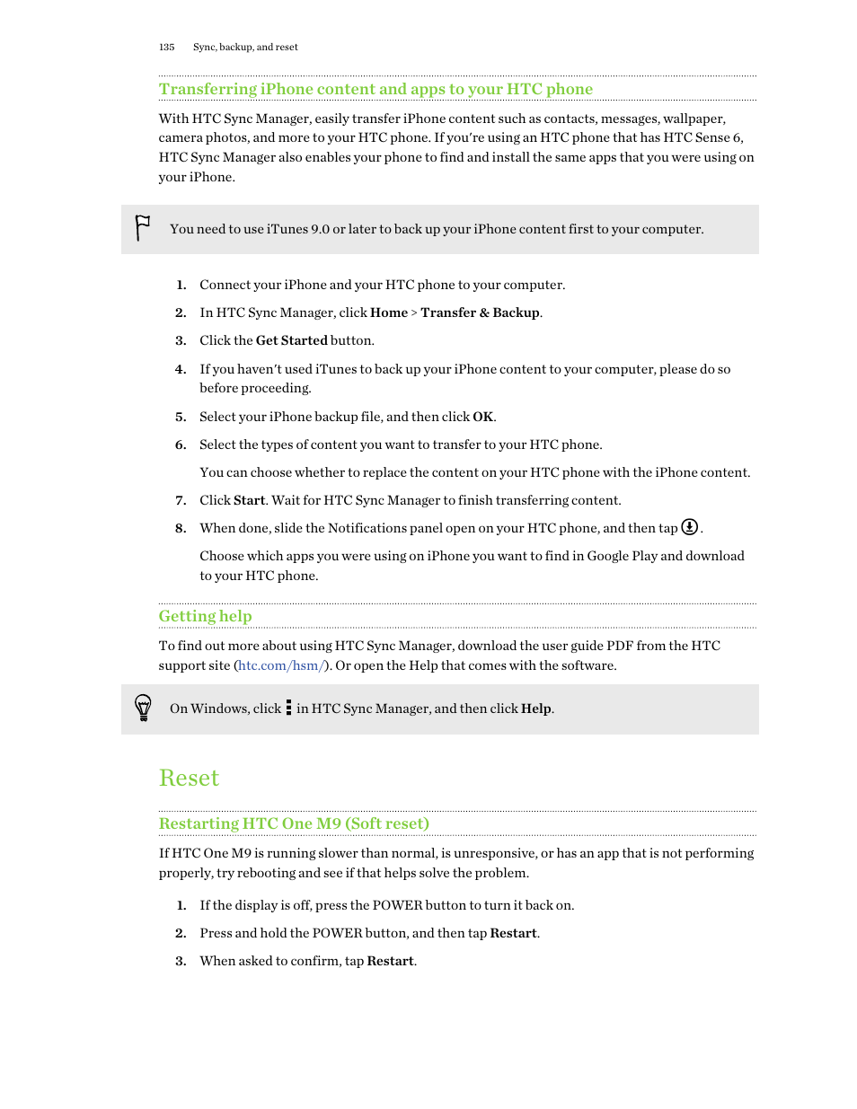 Getting help, Reset, Restarting htc one m9 (soft reset) | HTC One M9 User Manual | Page 135 / 197