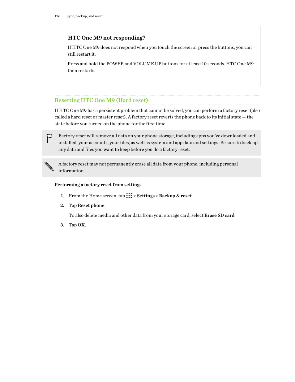 Htc one m9 not responding, Resetting htc one m9 (hard reset), Performing a factory reset from settings | HTC One M9 User Manual | Page 136 / 197