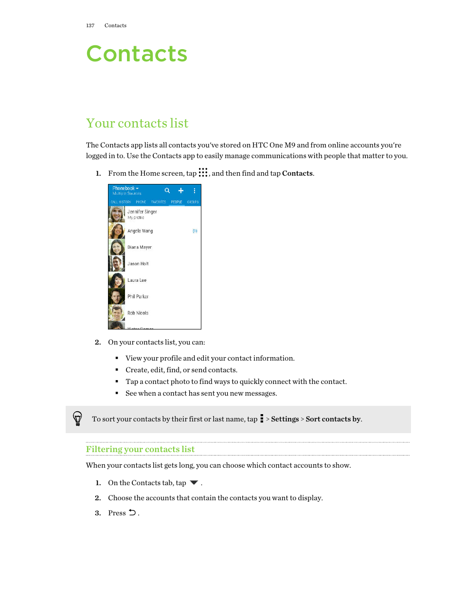 Contacts, Your contacts list, Filtering your contacts list | HTC One M9 User Manual | Page 137 / 197