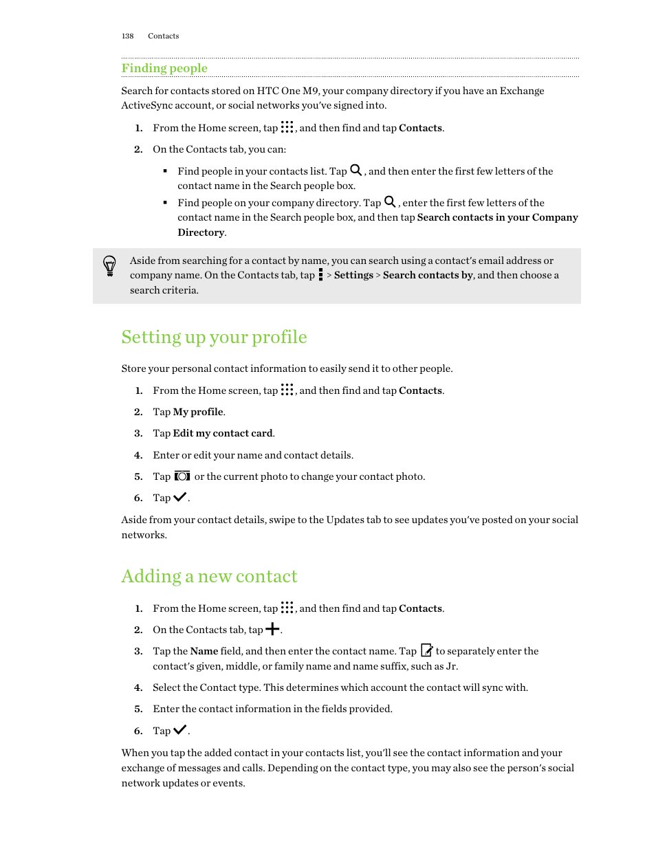 Finding people, Setting up your profile, Adding a new contact | HTC One M9 User Manual | Page 138 / 197