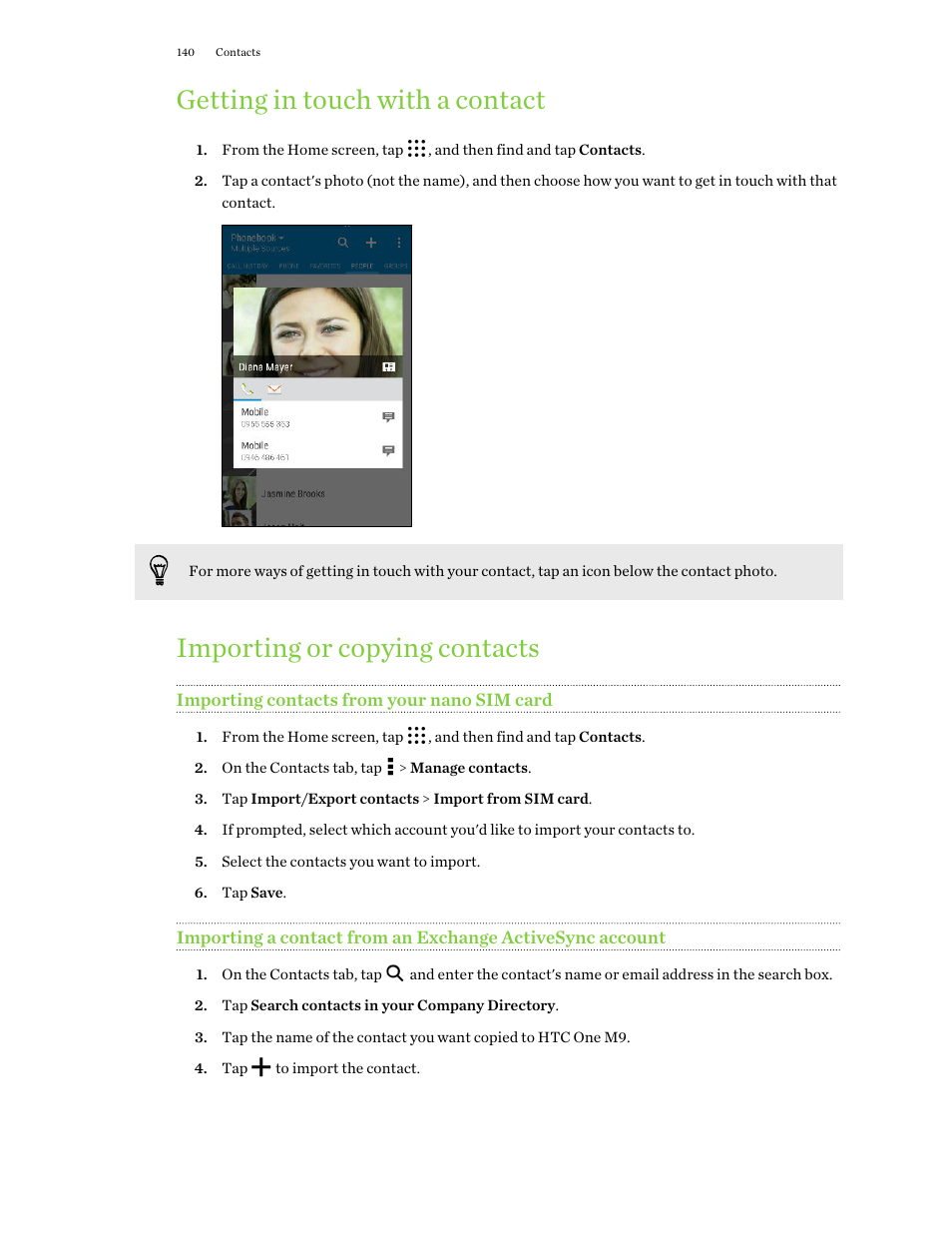 Getting in touch with a contact, Importing or copying contacts, Importing contacts from your nano sim card | HTC One M9 User Manual | Page 140 / 197