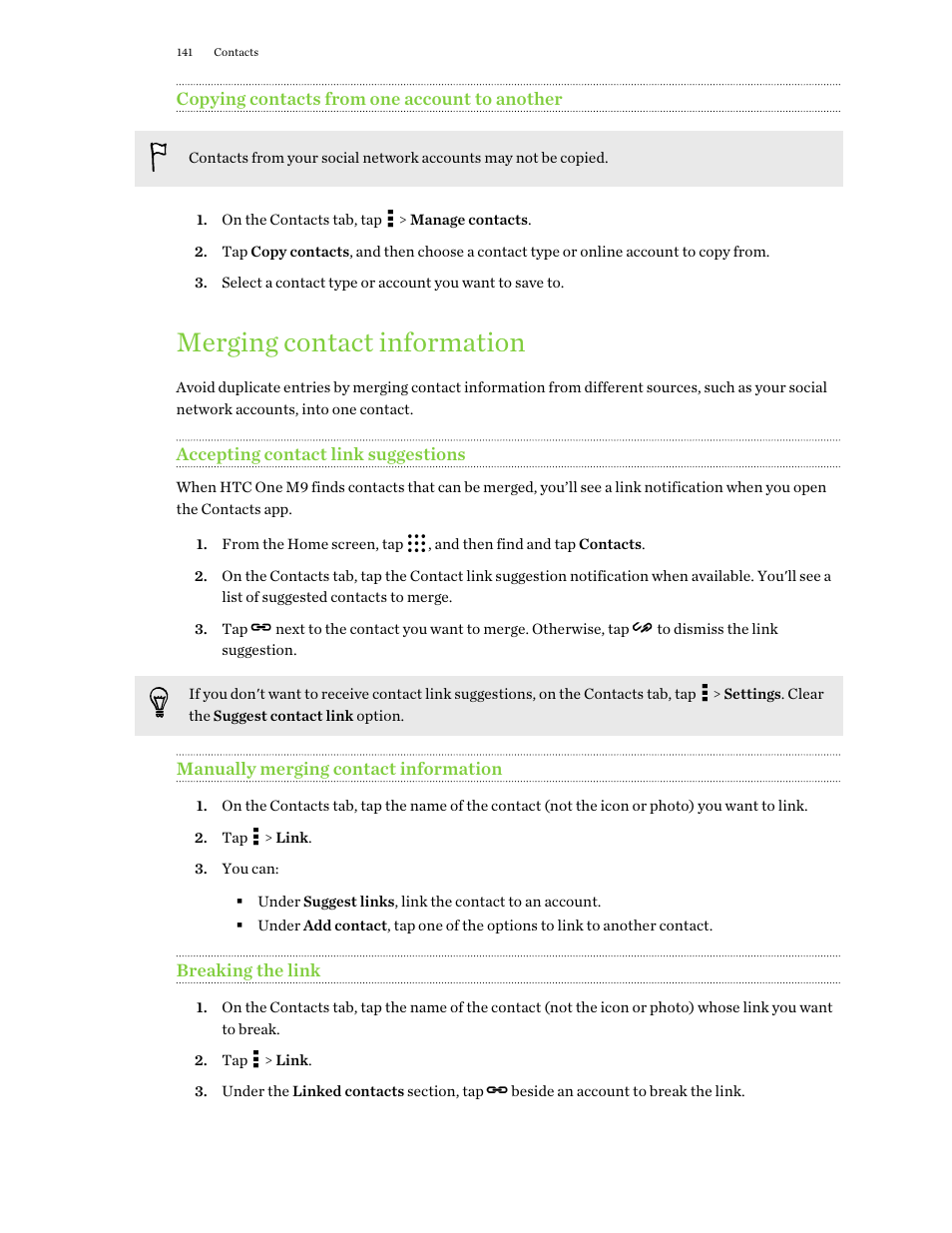 Copying contacts from one account to another, Merging contact information, Accepting contact link suggestions | Manually merging contact information, Breaking the link | HTC One M9 User Manual | Page 141 / 197