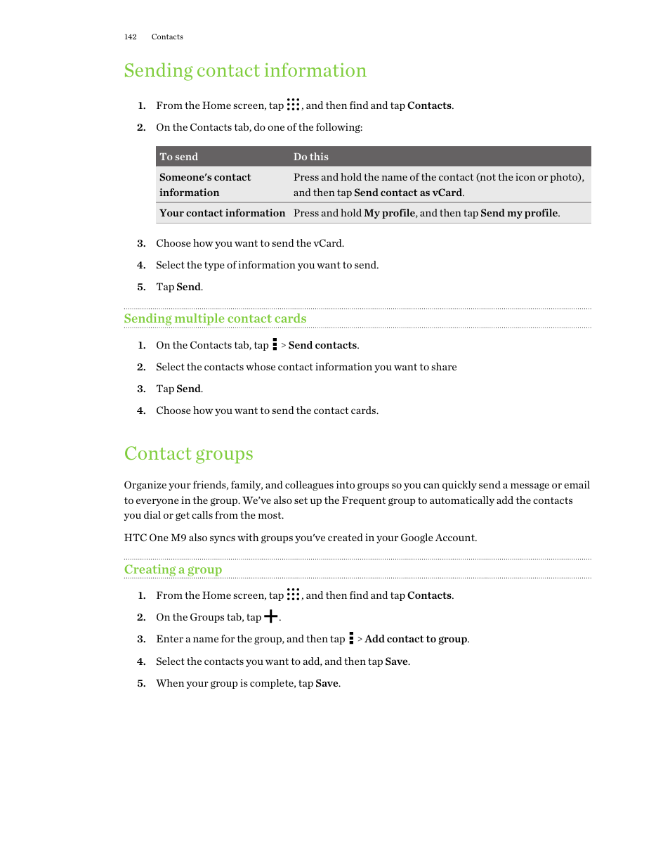 Sending contact information, Sending multiple contact cards, Contact groups | Creating a group | HTC One M9 User Manual | Page 142 / 197