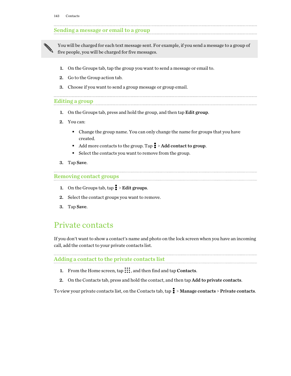 Sending a message or email to a group, Editing a group, Removing contact groups | Private contacts, Adding a contact to the private contacts list | HTC One M9 User Manual | Page 143 / 197