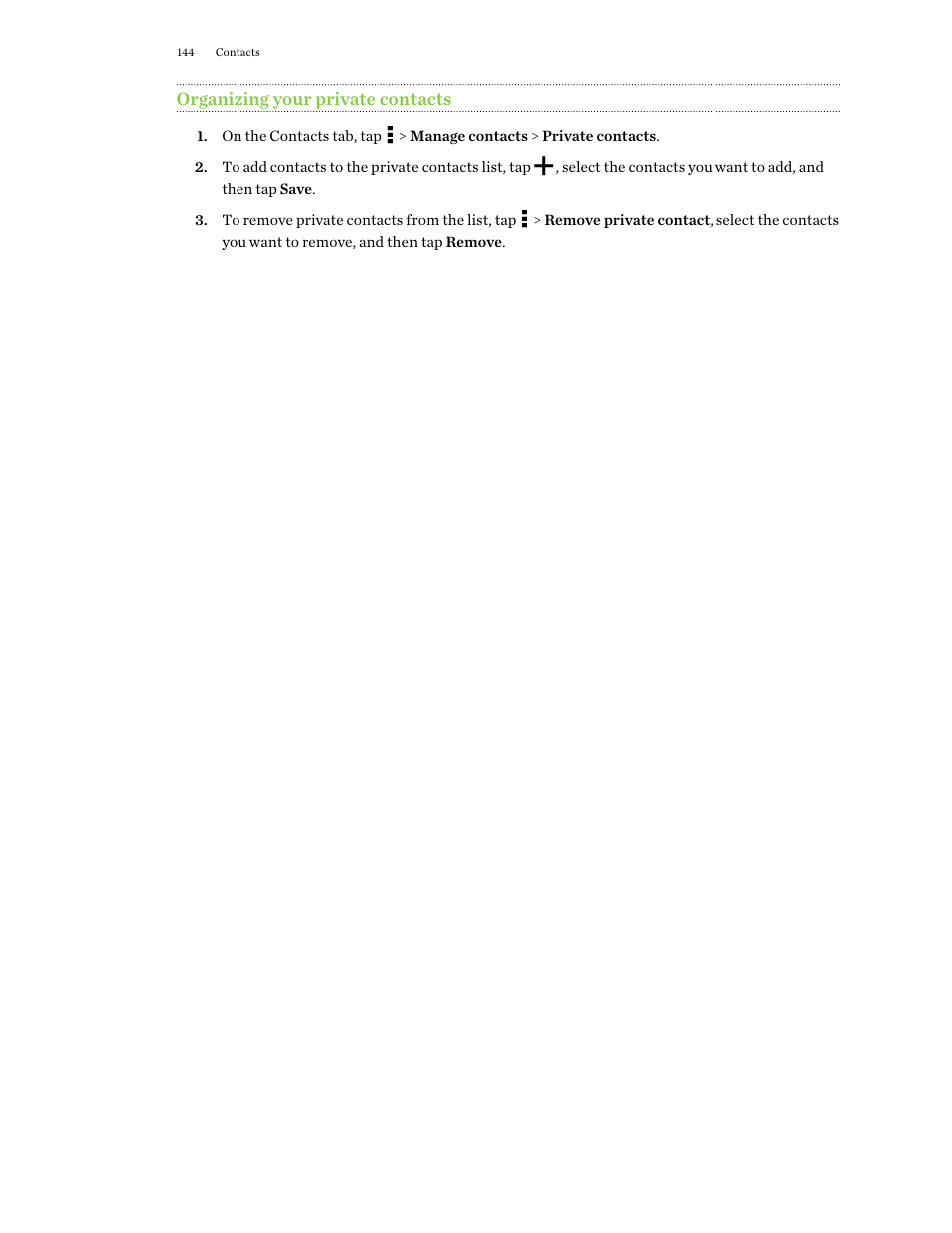 Organizing your private contacts | HTC One M9 User Manual | Page 144 / 197