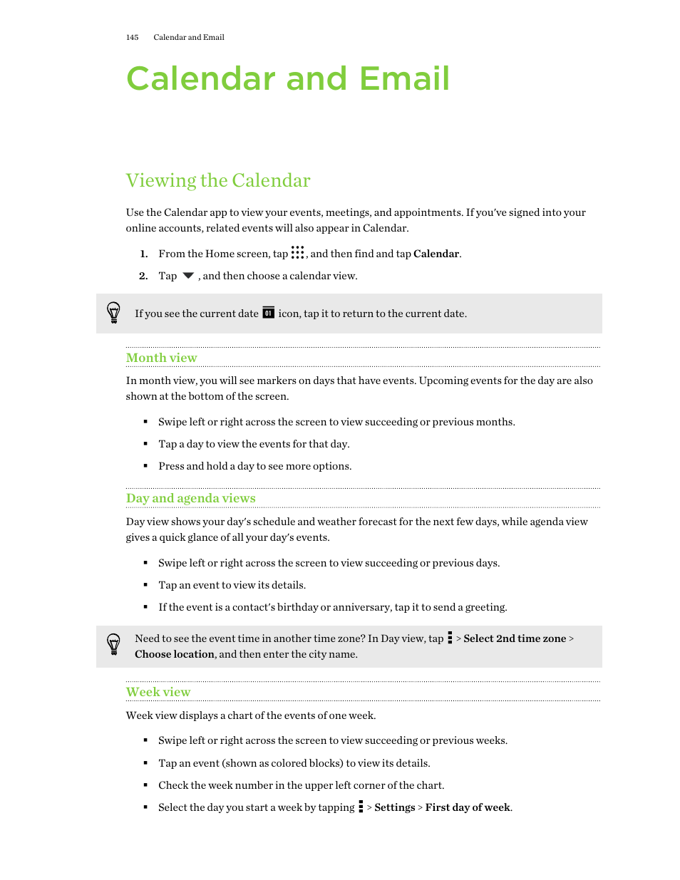 Calendar and email, Viewing the calendar, Month view | Day and agenda views, Week view | HTC One M9 User Manual | Page 145 / 197