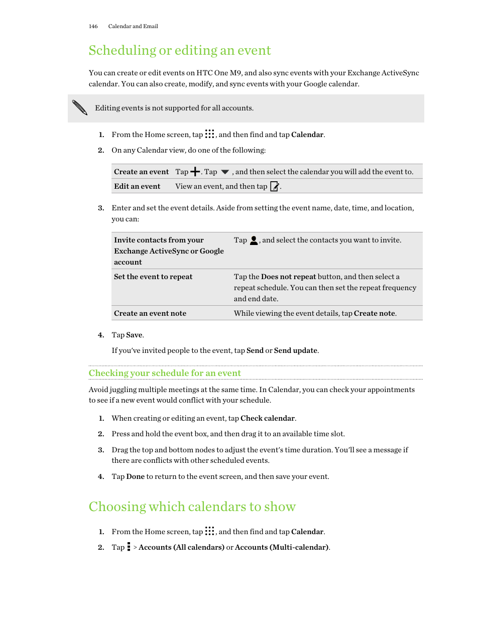 Scheduling or editing an event, Checking your schedule for an event, Choosing which calendars to show | HTC One M9 User Manual | Page 146 / 197