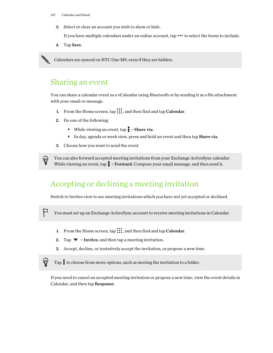 Sharing an event, Accepting or declining a meeting invitation | HTC One M9 User Manual | Page 147 / 197