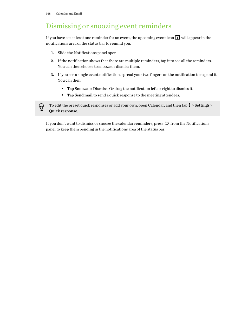Dismissing or snoozing event reminders | HTC One M9 User Manual | Page 148 / 197