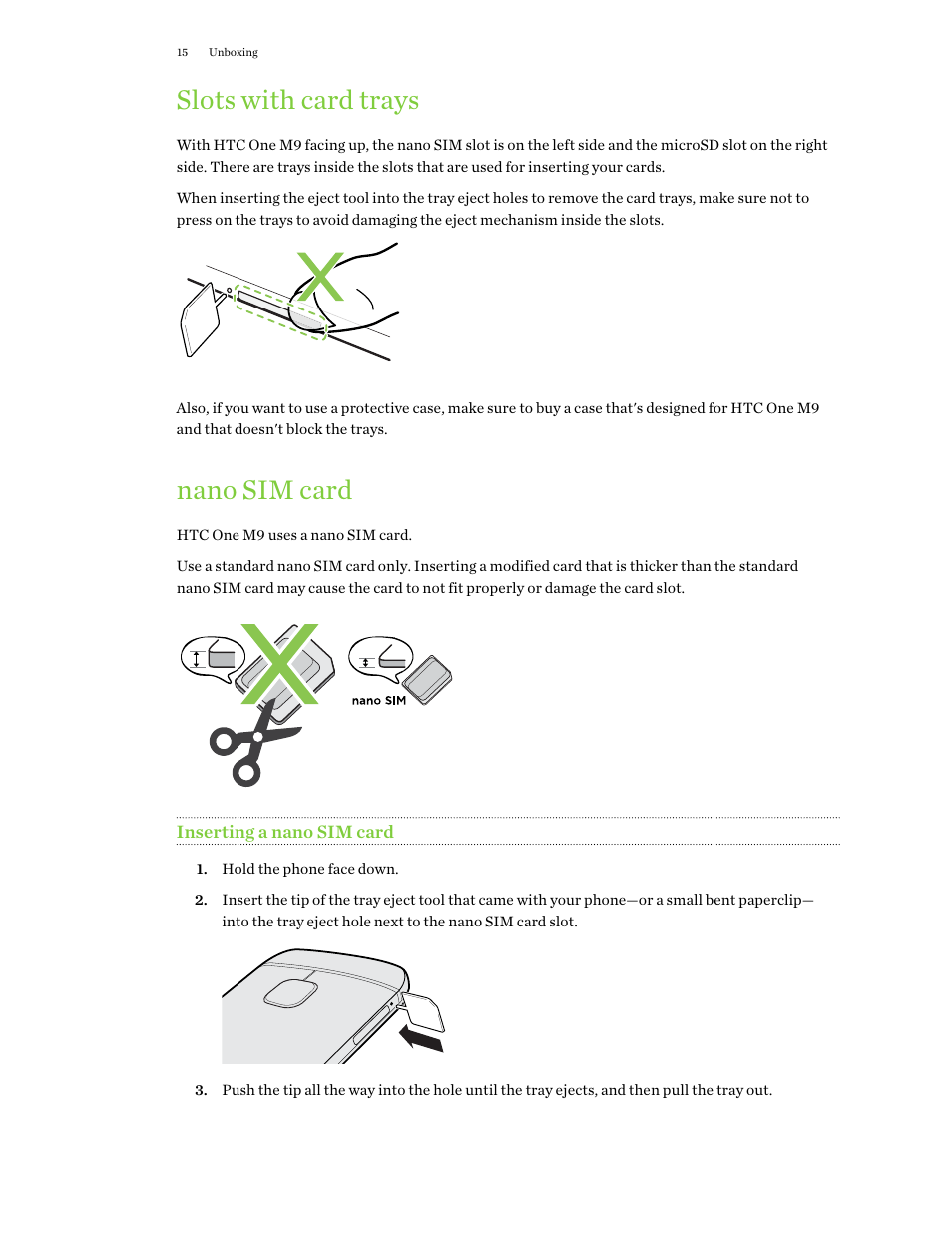 Slots with card trays, Nano sim card, Inserting a nano sim card | HTC One M9 User Manual | Page 15 / 197