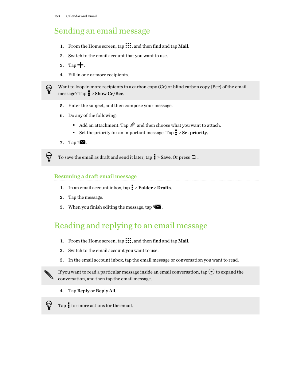 Sending an email message, Resuming a draft email message, Reading and replying to an email message | HTC One M9 User Manual | Page 150 / 197