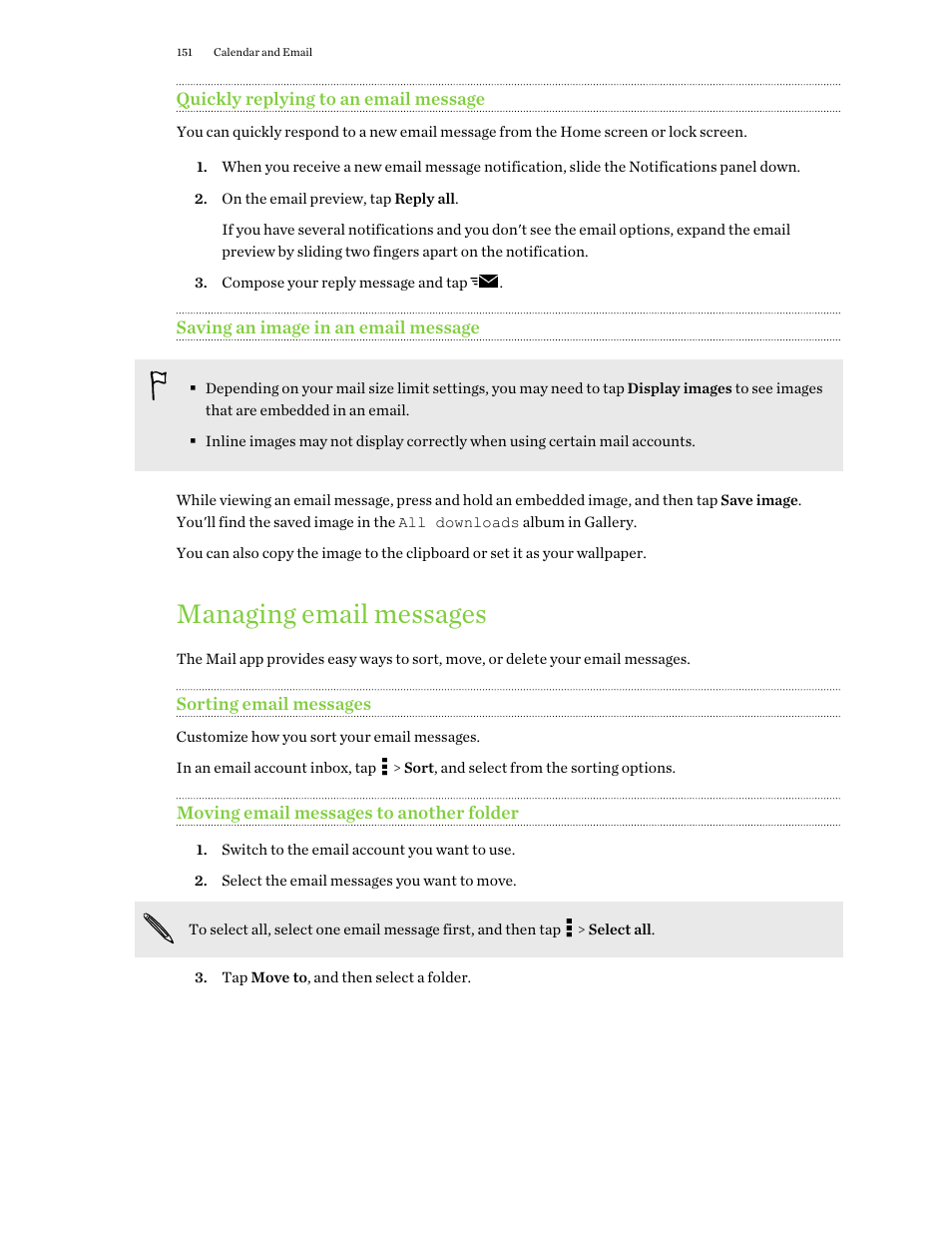 Quickly replying to an email message, Saving an image in an email message, Managing email messages | Sorting email messages, Moving email messages to another folder | HTC One M9 User Manual | Page 151 / 197