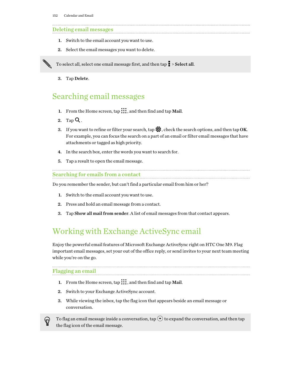 Deleting email messages, Searching email messages, Searching for emails from a contact | Working with exchange activesync email, Flagging an email | HTC One M9 User Manual | Page 152 / 197