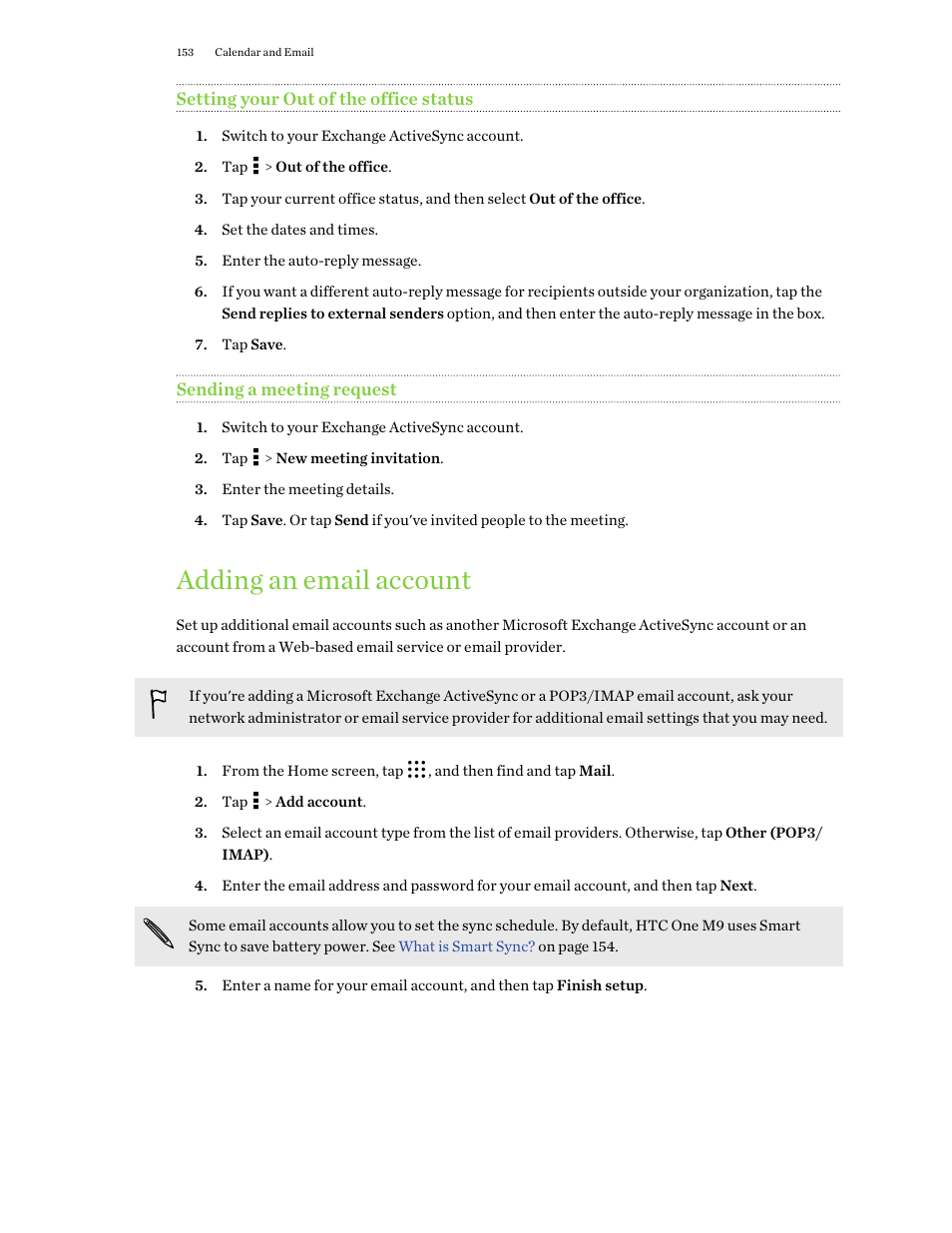 Setting your out of the office status, Sending a meeting request, Adding an email account | HTC One M9 User Manual | Page 153 / 197