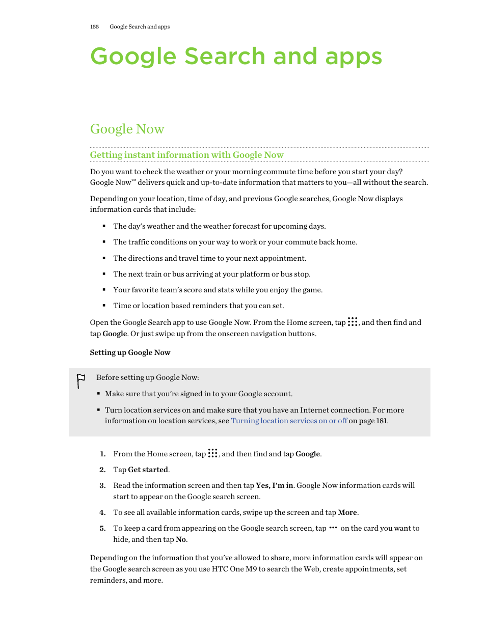 Google search and apps, Google now, Getting instant information with google now | Setting up google now | HTC One M9 User Manual | Page 155 / 197