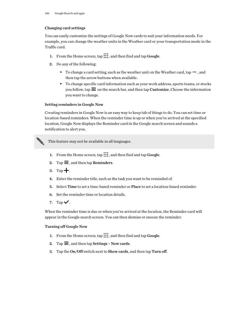 Changing card settings, Setting reminders in google now, Turning off google now | HTC One M9 User Manual | Page 156 / 197