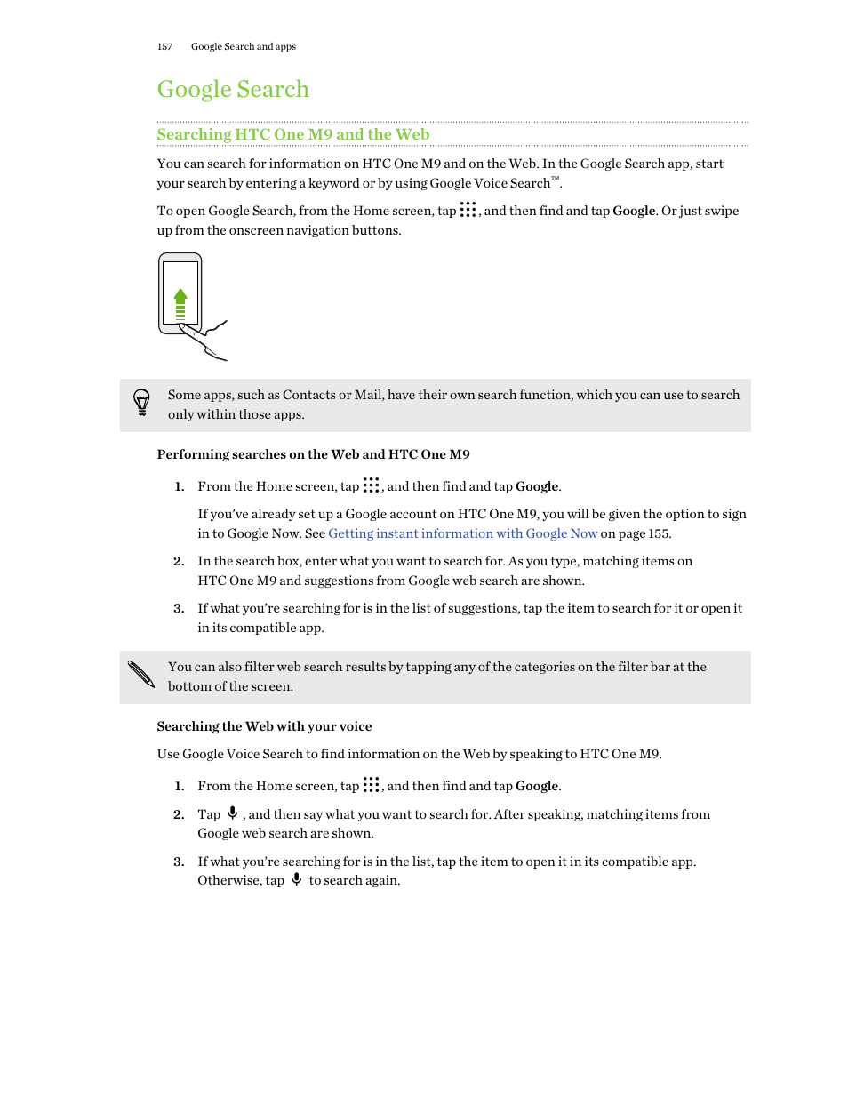 Google search, Searching htc one m9 and the web, Performing searches on the web and htc one m9 | Searching the web with your voice | HTC One M9 User Manual | Page 157 / 197
