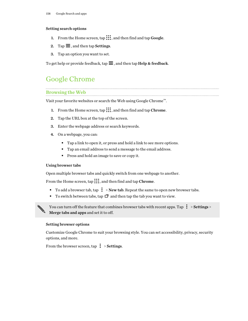 Setting search options, Google chrome, Browsing the web | Using browser tabs, Setting browser options | HTC One M9 User Manual | Page 158 / 197