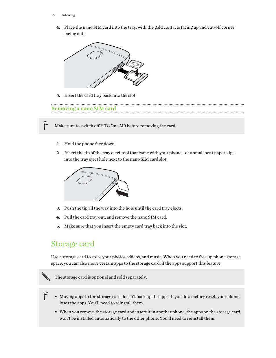 Removing a nano sim card, Storage card | HTC One M9 User Manual | Page 16 / 197