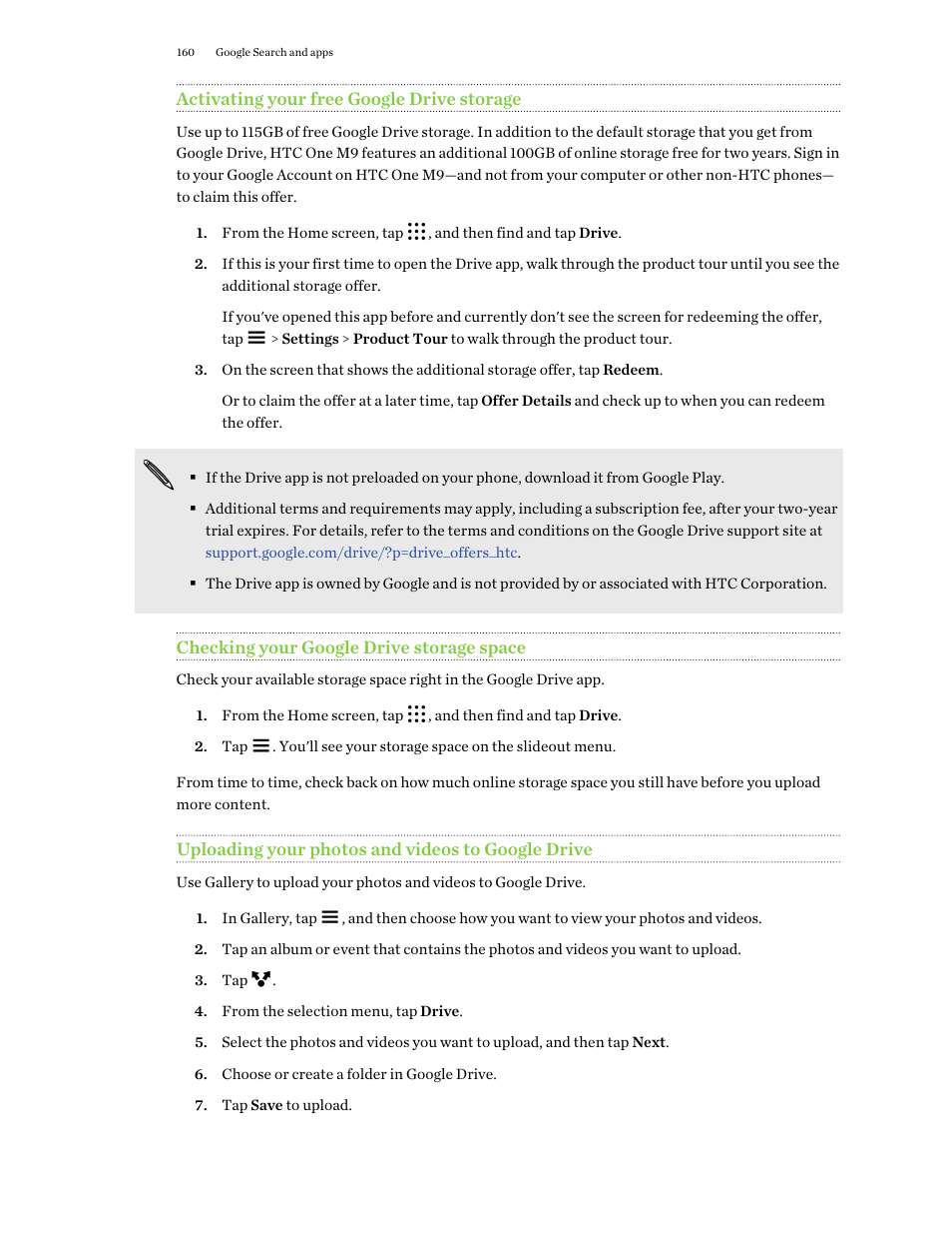 Activating your free google drive storage, Checking your google drive storage space, Uploading your photos and videos to google drive | HTC One M9 User Manual | Page 160 / 197