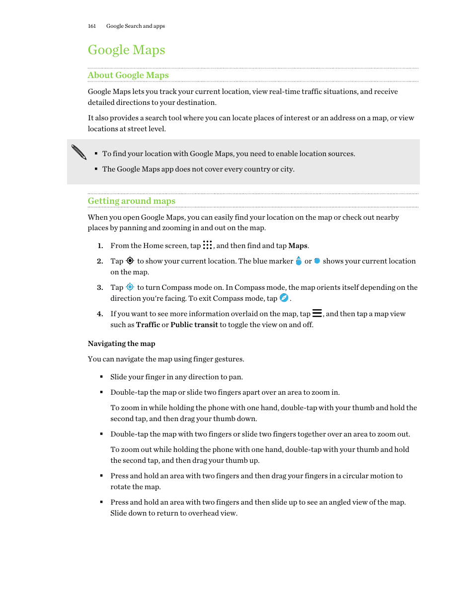 Google maps, About google maps, Getting around maps | Navigating the map | HTC One M9 User Manual | Page 161 / 197