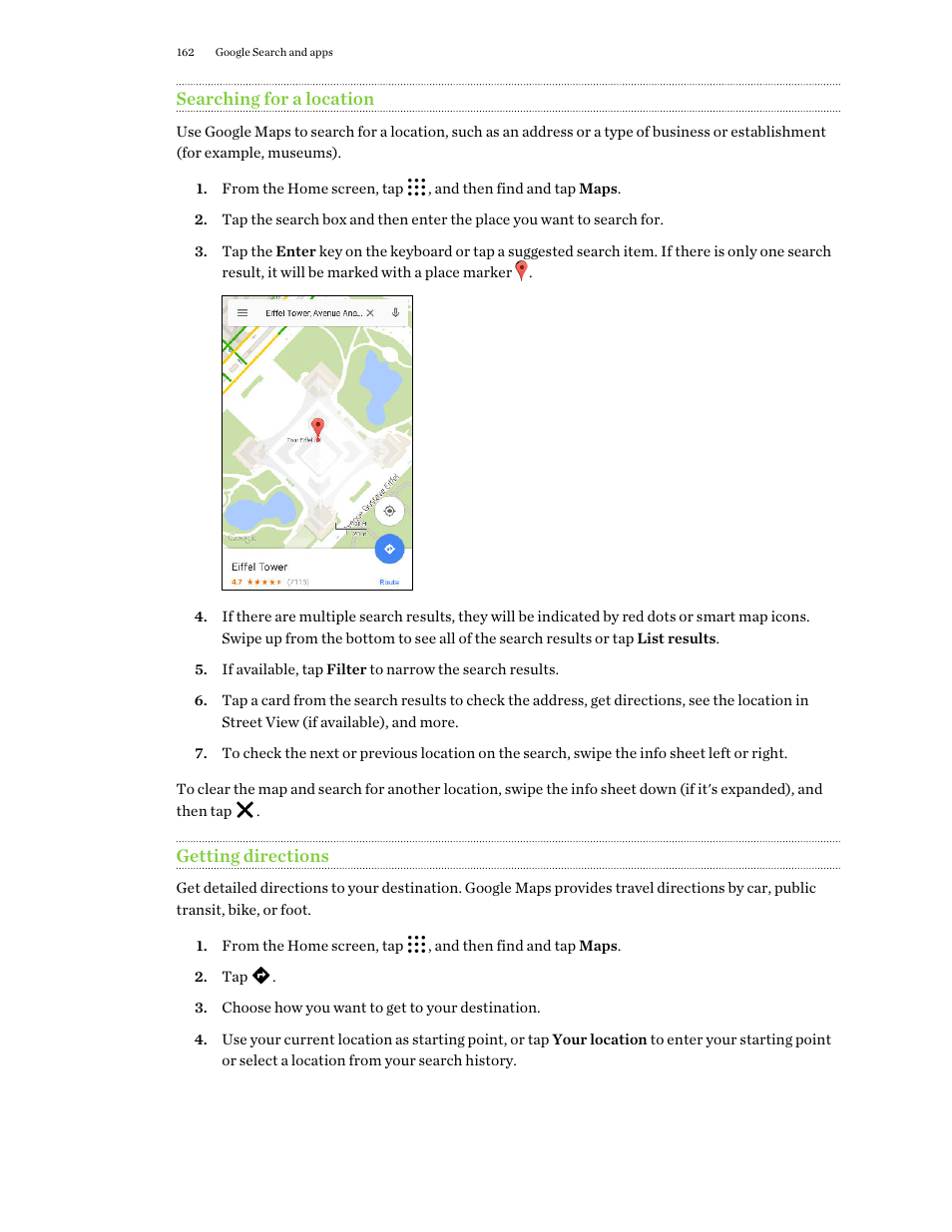 Searching for a location, Getting directions | HTC One M9 User Manual | Page 162 / 197