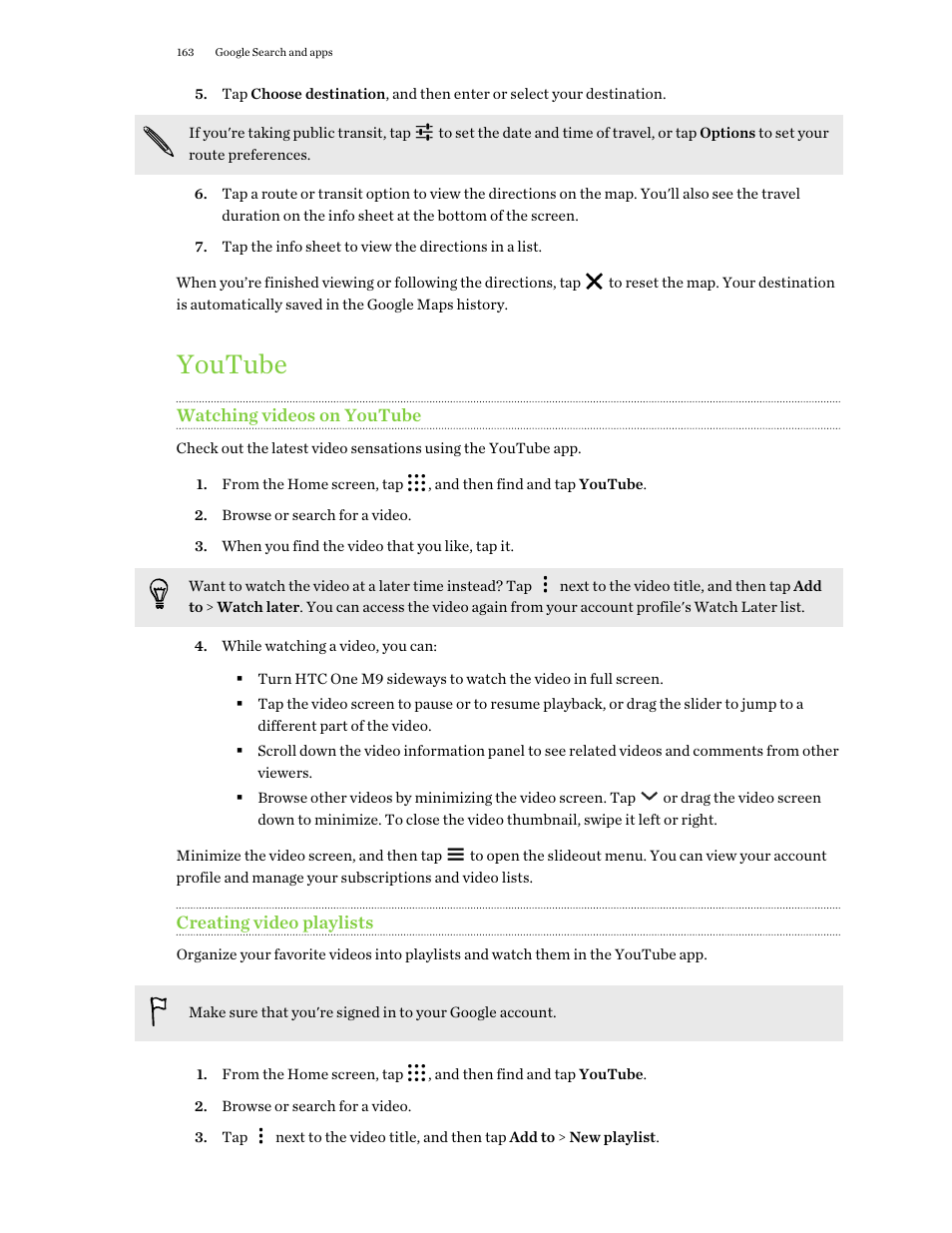 Youtube, Watching videos on youtube, Creating video playlists | HTC One M9 User Manual | Page 163 / 197