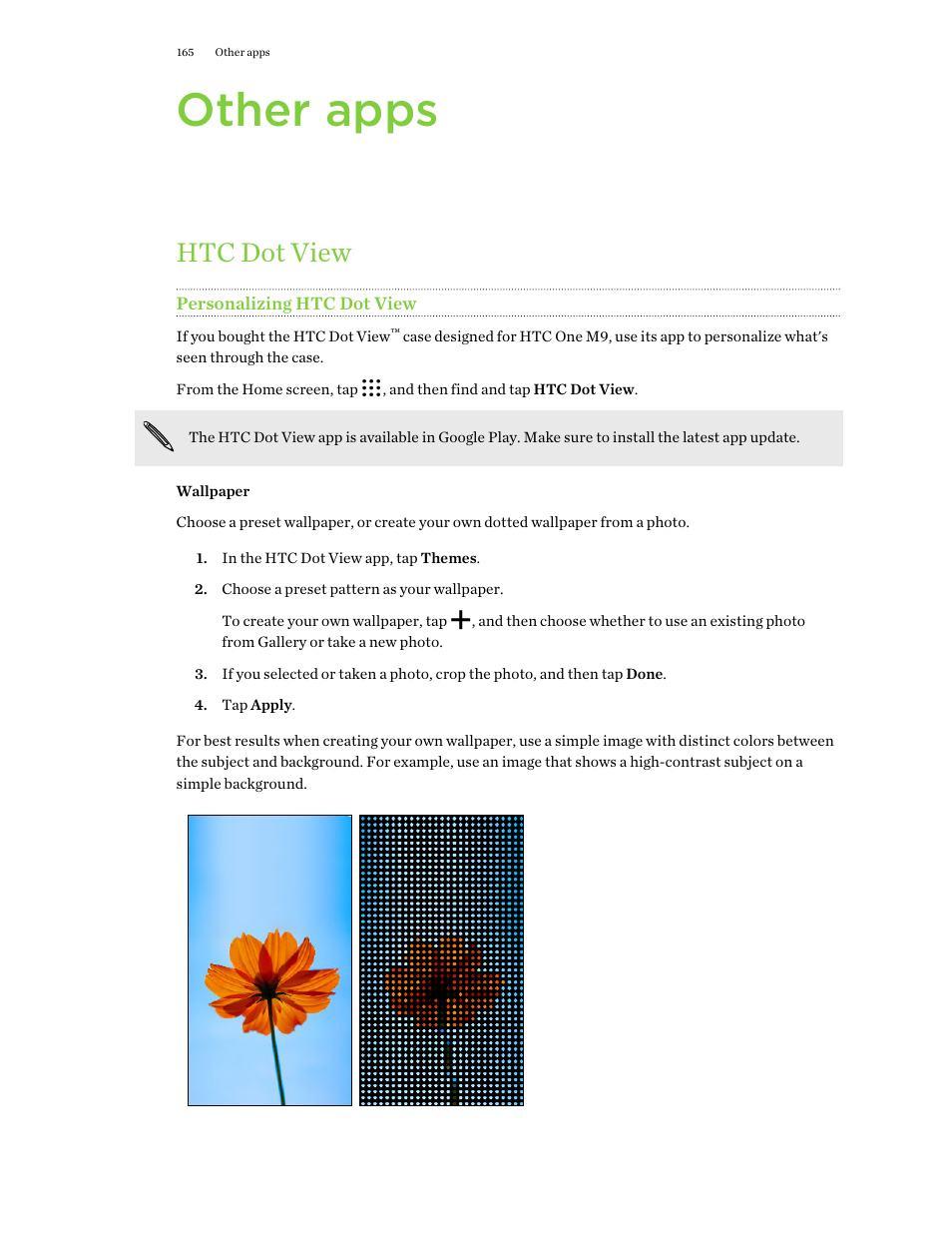 Other apps, Htc dot view, Personalizing htc dot view | Wallpaper | HTC One M9 User Manual | Page 165 / 197