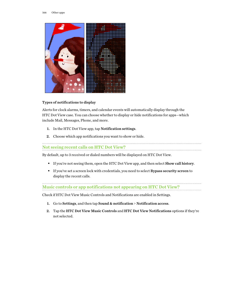 Types of notifications to display, Not seeing recent calls on htc dot view | HTC One M9 User Manual | Page 166 / 197