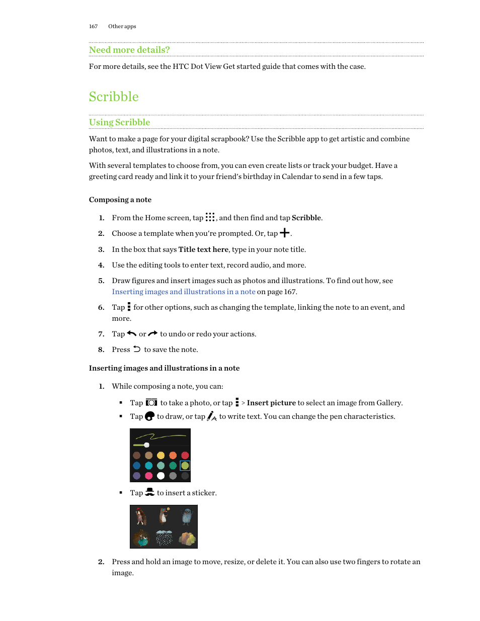 Need more details, Scribble, Using scribble | Composing a note, Inserting images and illustrations in a note | HTC One M9 User Manual | Page 167 / 197