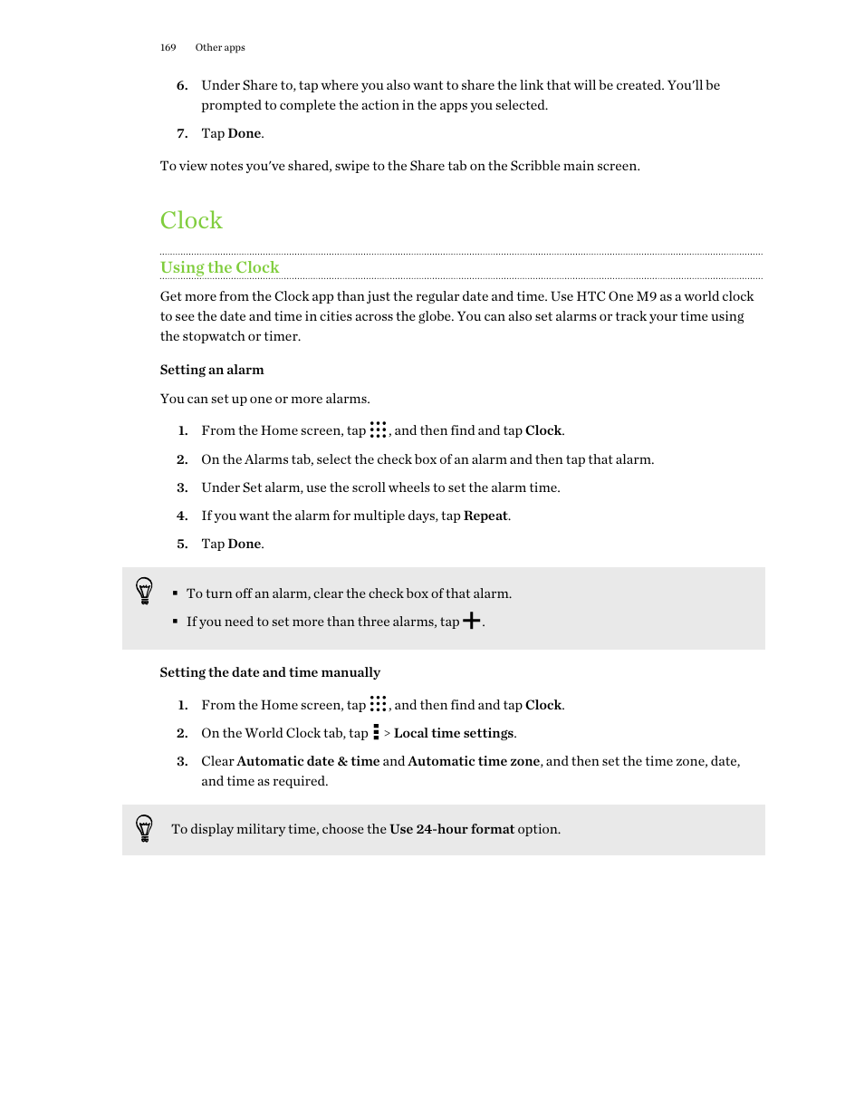 Clock, Using the clock, Setting an alarm | Setting the date and time manually | HTC One M9 User Manual | Page 169 / 197
