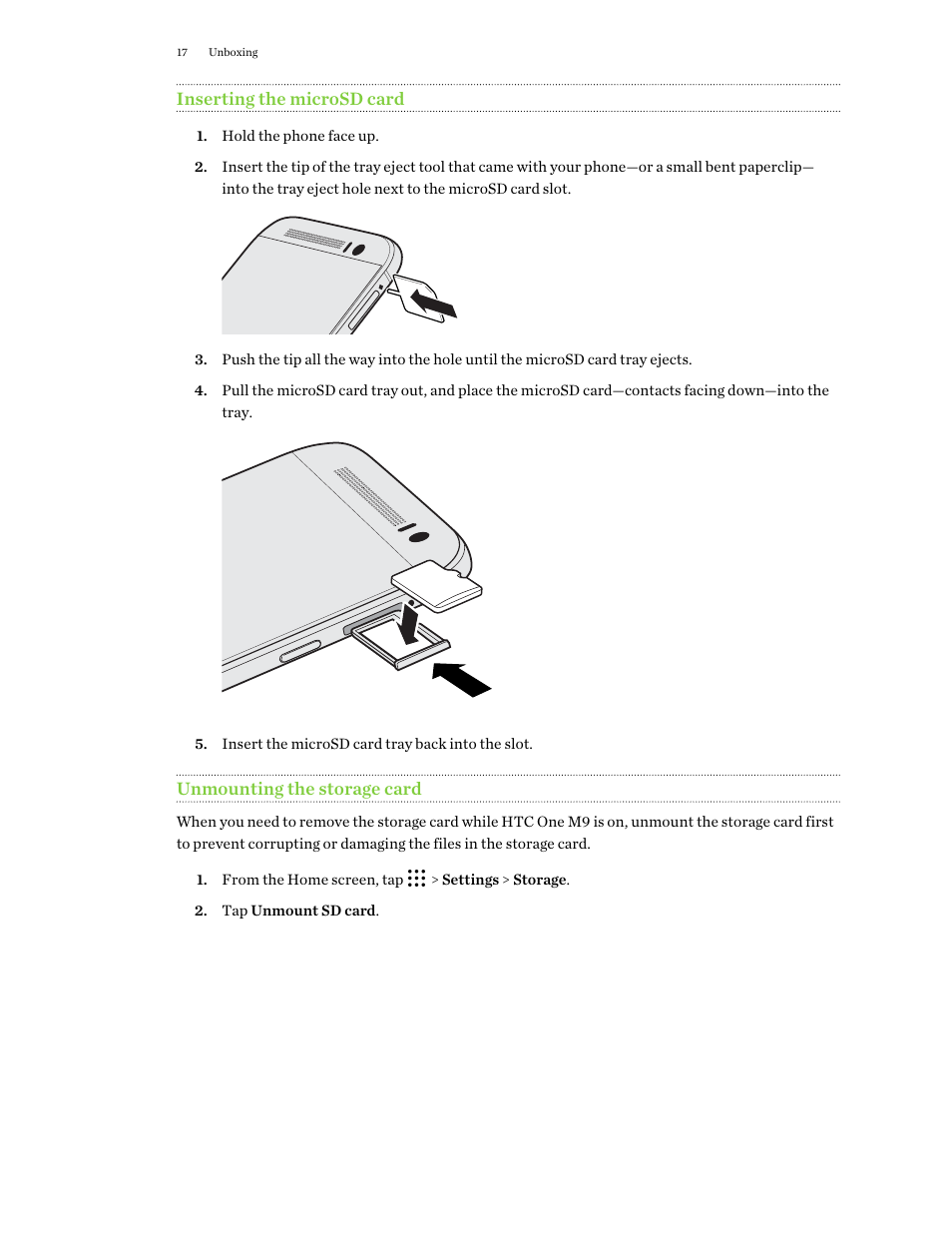 Inserting the microsd card, Unmounting the storage card | HTC One M9 User Manual | Page 17 / 197