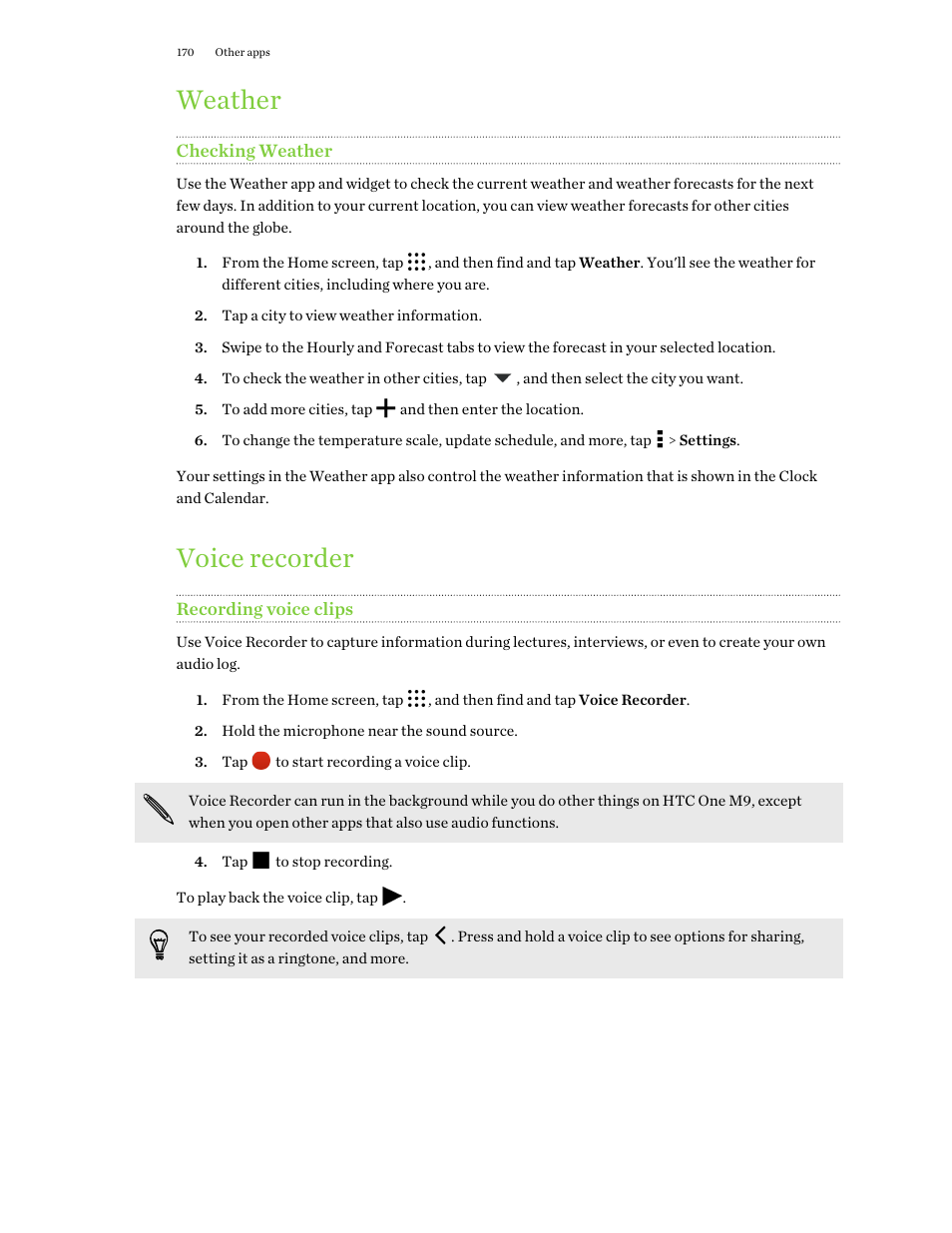 Weather, Checking weather, Voice recorder | Recording voice clips | HTC One M9 User Manual | Page 170 / 197