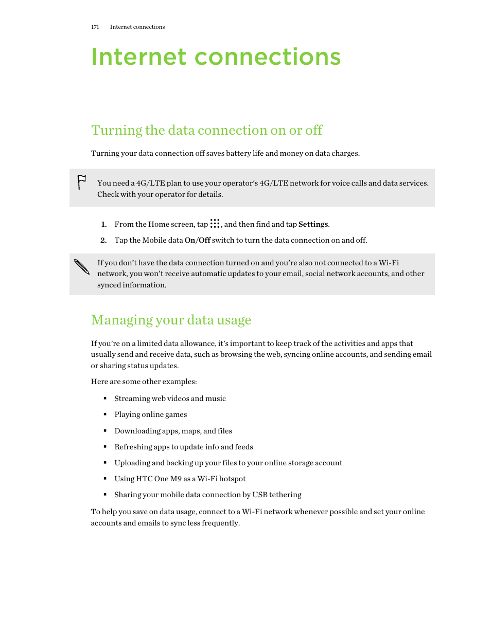 Internet connections, Turning the data connection on or off, Managing your data usage | HTC One M9 User Manual | Page 171 / 197