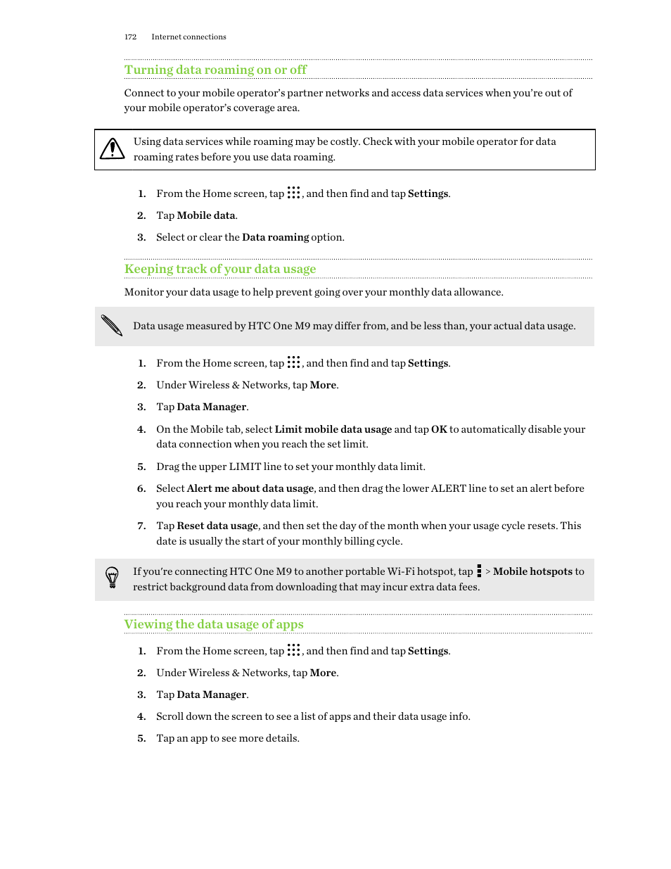 Turning data roaming on or off, Keeping track of your data usage, Viewing the data usage of apps | HTC One M9 User Manual | Page 172 / 197