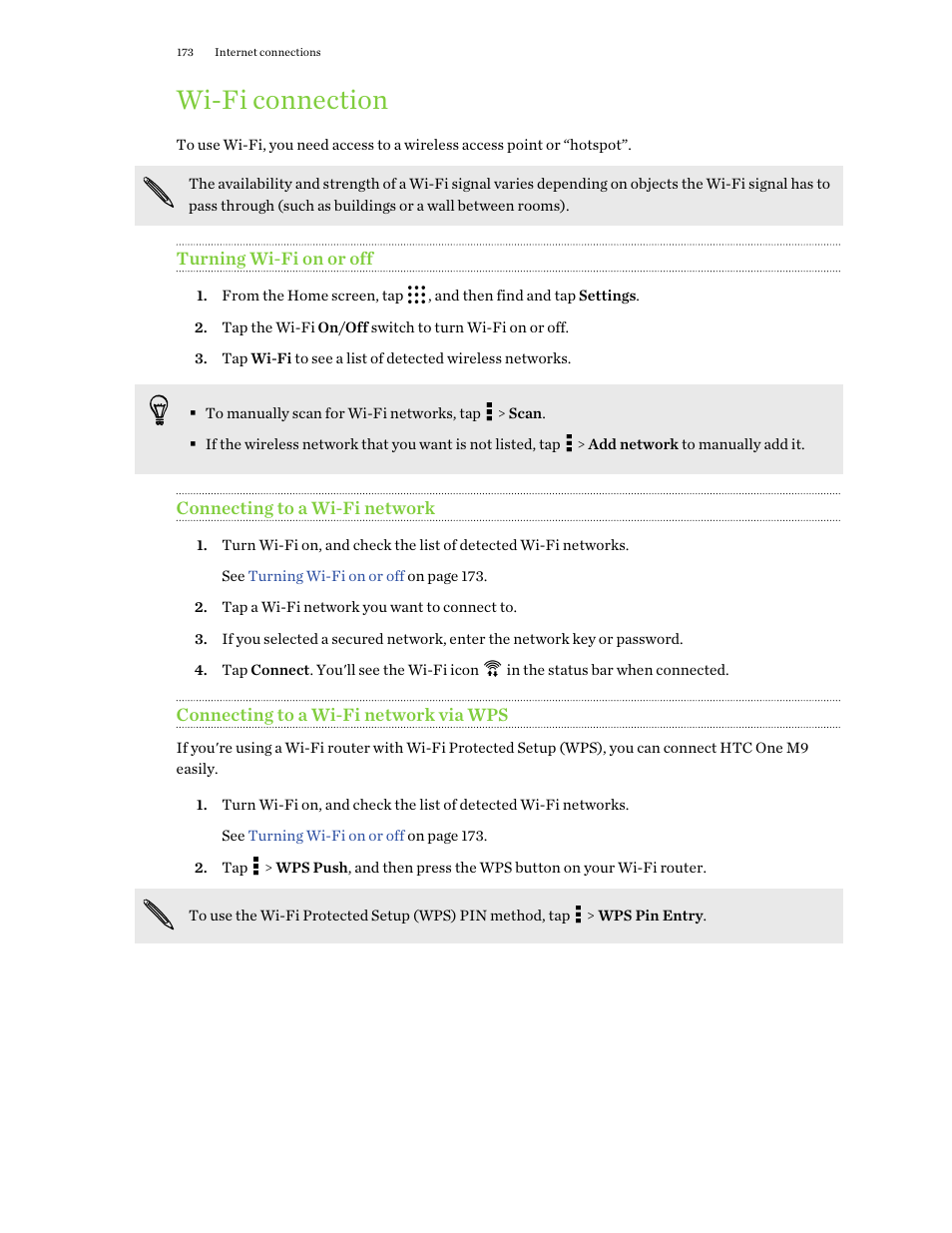 Wi‍-fi connection, Turning wi‍-fi on or off, Connecting to a wi‍-fi network | Connecting to a wi‍-fi network via wps, Wi-fi connection | HTC One M9 User Manual | Page 173 / 197