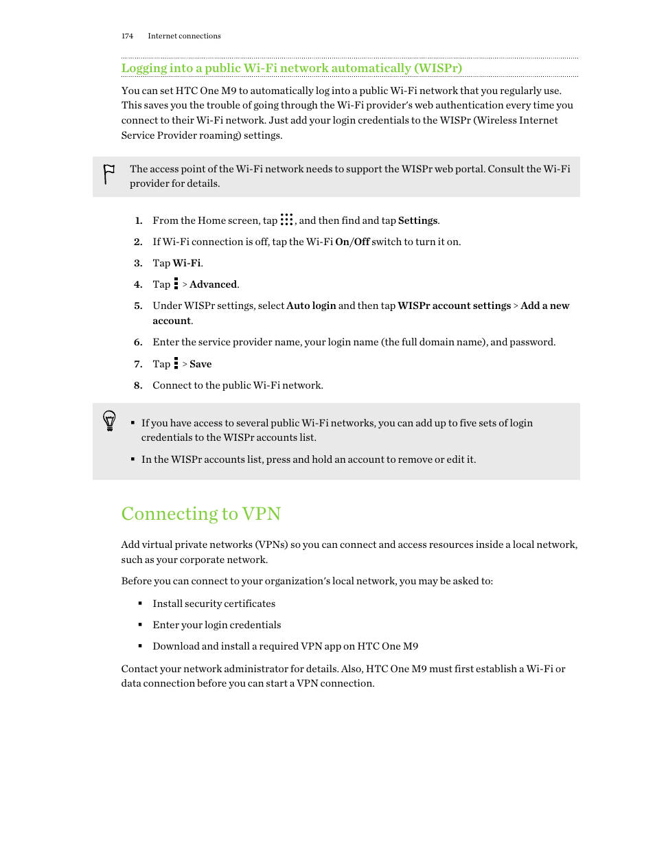 Connecting to vpn | HTC One M9 User Manual | Page 174 / 197