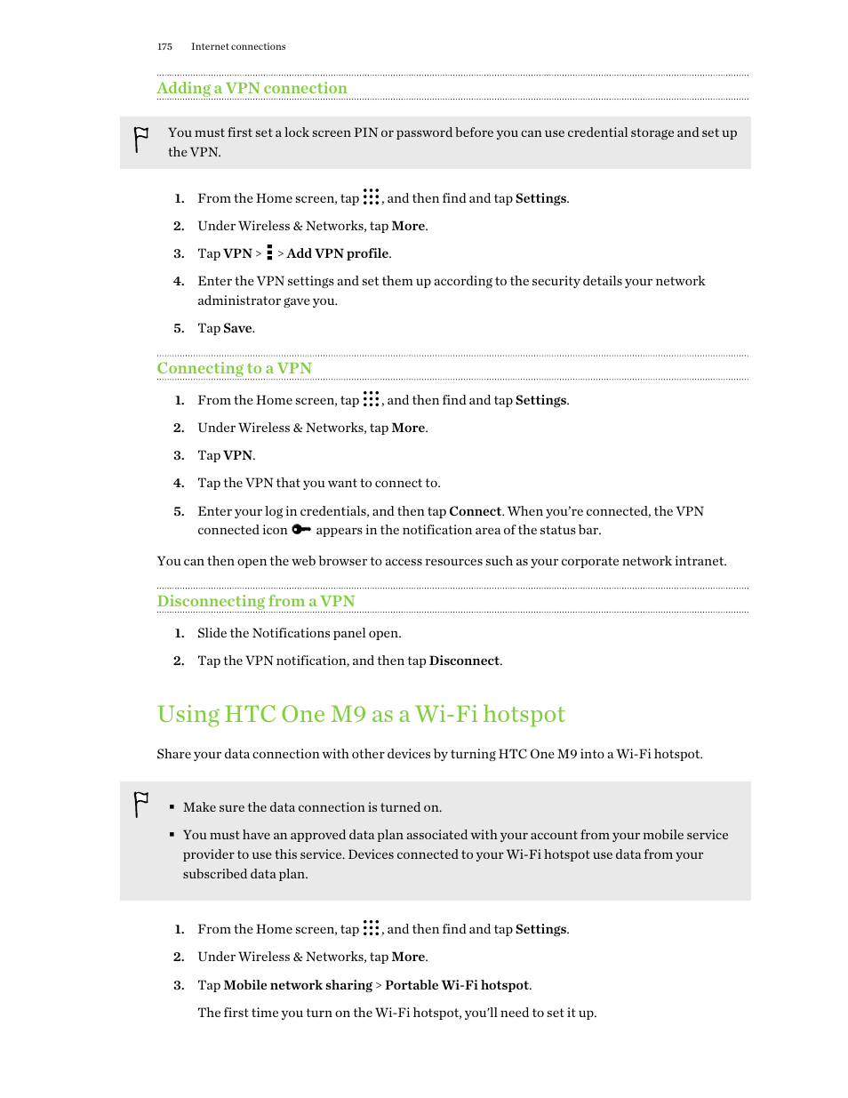 Adding a vpn connection, Connecting to a vpn, Disconnecting from a vpn | Using htc one m9 as a wi‍-fi hotspot, Using htc one m9 as a wi-fi hotspot | HTC One M9 User Manual | Page 175 / 197