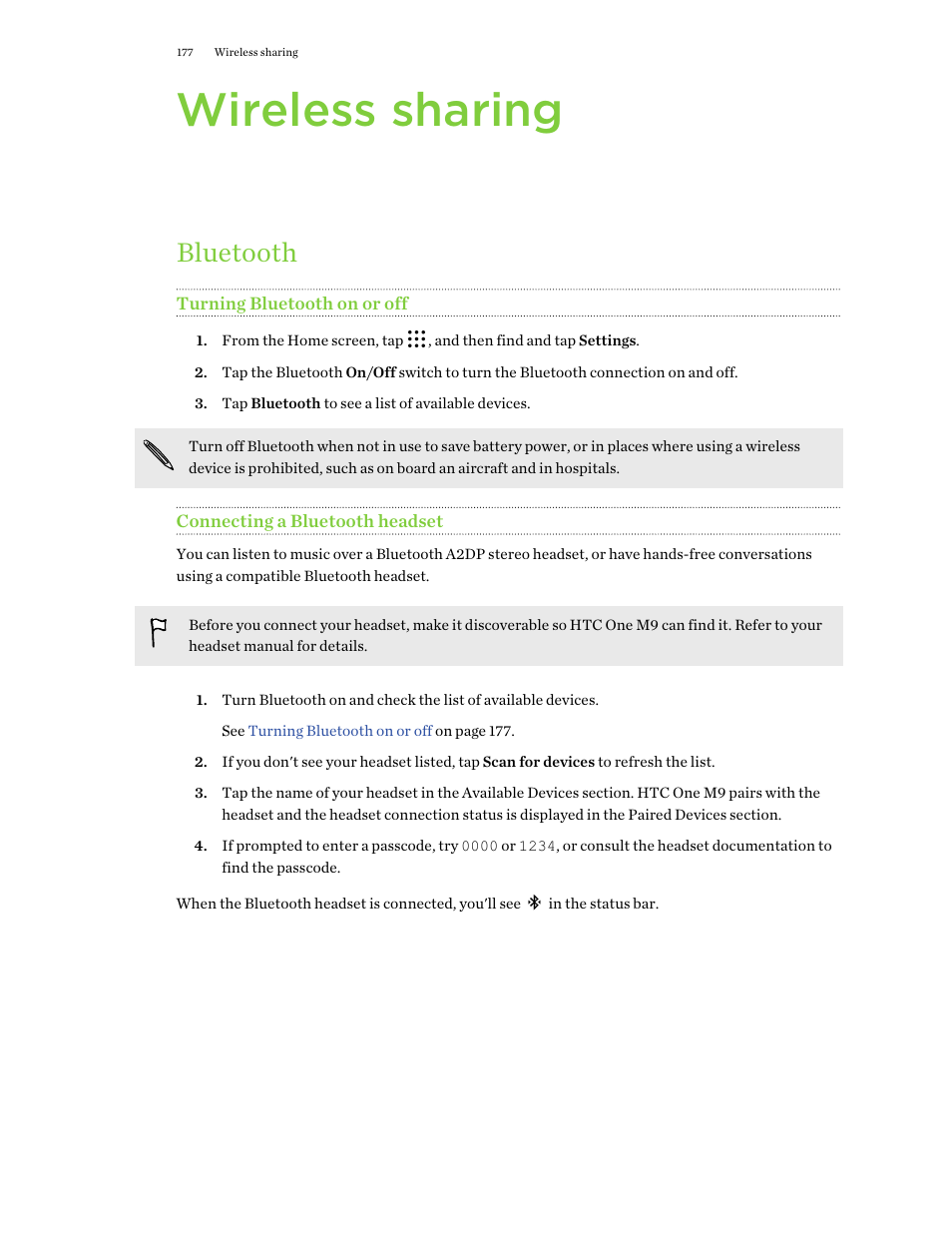 Wireless sharing, Bluetooth, Turning bluetooth on or off | Connecting a bluetooth headset | HTC One M9 User Manual | Page 177 / 197