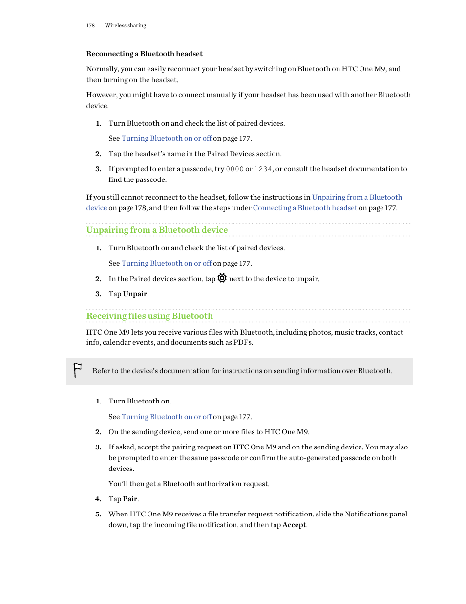 Reconnecting a bluetooth headset, Unpairing from a bluetooth device, Receiving files using bluetooth | HTC One M9 User Manual | Page 178 / 197