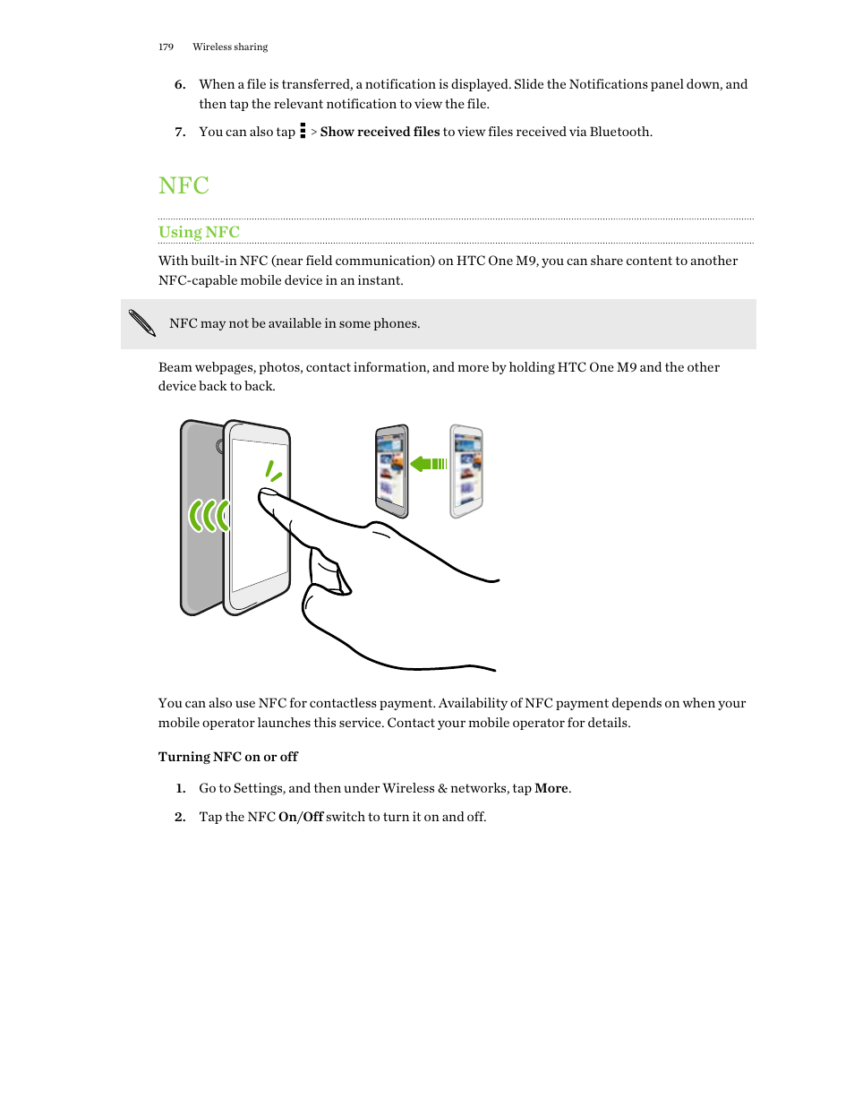 Using nfc, Turning nfc on or off | HTC One M9 User Manual | Page 179 / 197