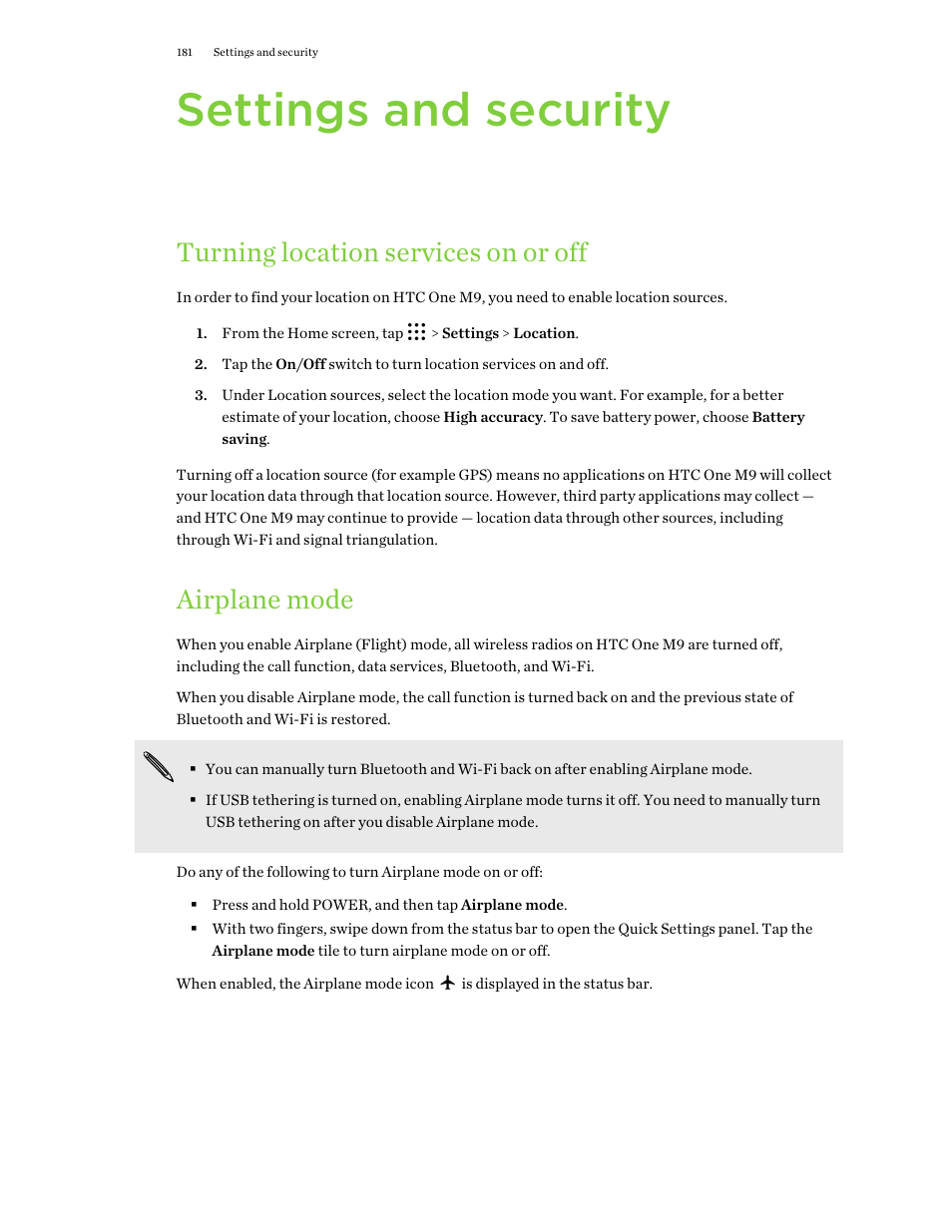 Settings and security, Turning location services on or off, Airplane mode | Turning location services on, Or off, Location-based apps. see, For more details, see | HTC One M9 User Manual | Page 181 / 197