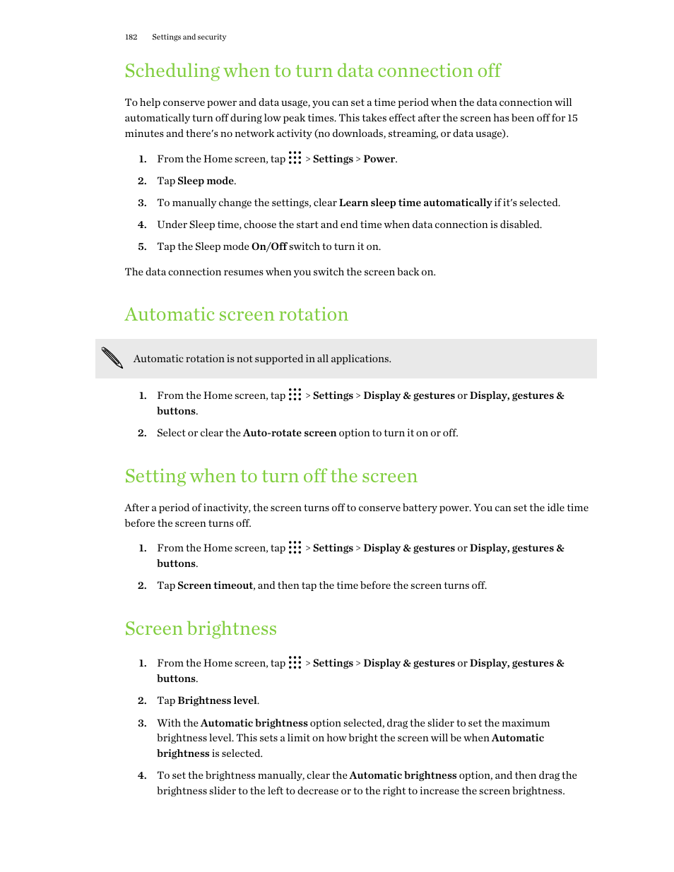 Scheduling when to turn data connection off, Automatic screen rotation, Setting when to turn off the screen | Screen brightness, Setting when to, Turn off the screen | HTC One M9 User Manual | Page 182 / 197