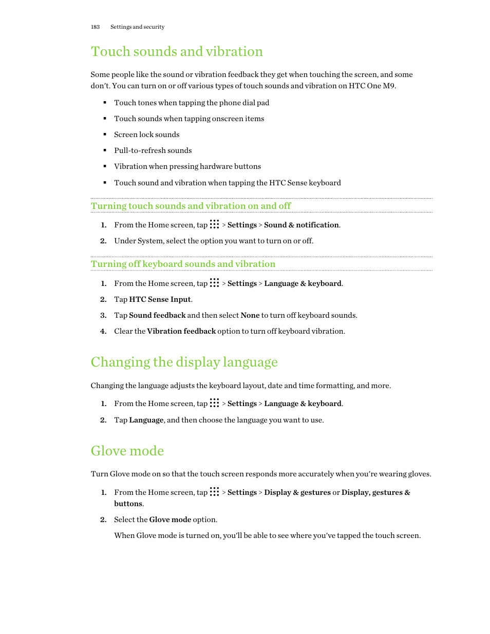 Touch sounds and vibration, Turning touch sounds and vibration on and off, Turning off keyboard sounds and vibration | Changing the display language, Glove mode | HTC One M9 User Manual | Page 183 / 197