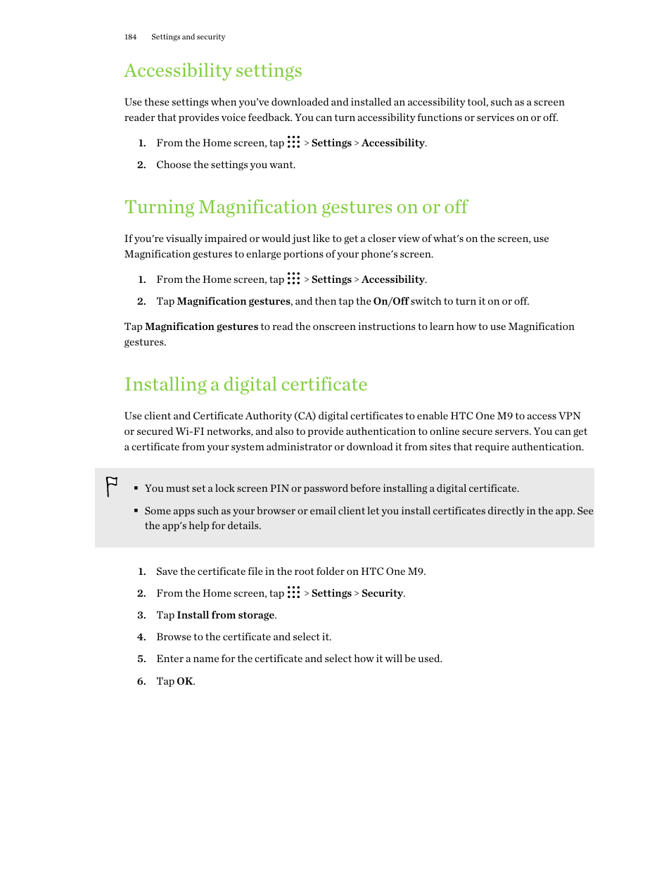 Accessibility settings, Turning magnification gestures on or off, Installing a digital certificate | HTC One M9 User Manual | Page 184 / 197